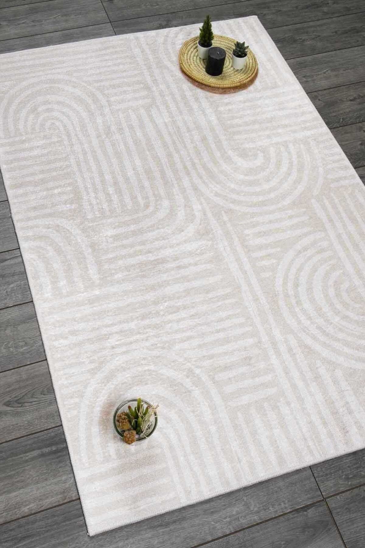 Oriente Home Modern Patterned Light Beige White Velvet Rug Washable Non-Slip Base Corridor Runner 7016 1