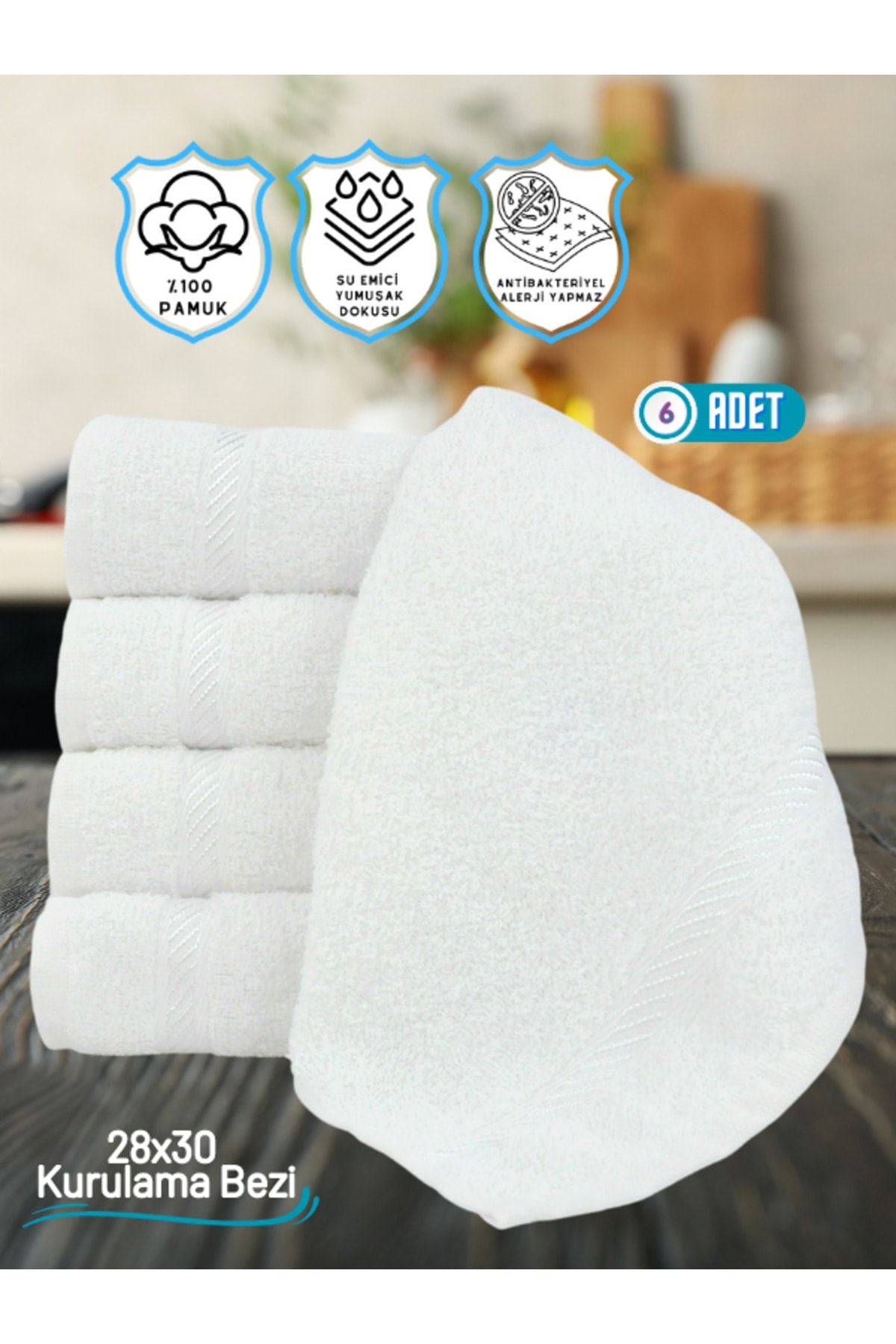 Şelale Can 6-Piece White Soft/Water Absorbent Cotton 28x30 Kitchen Towel Set 1