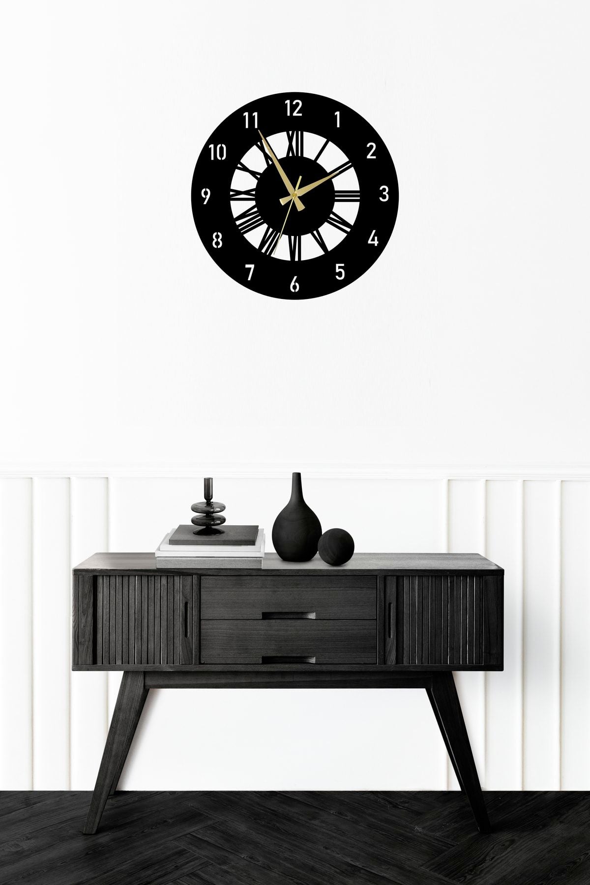 Wooden Factory Time Collection Latin And Roman Numeral Wooden Decorative Wall Clock (Black) 2