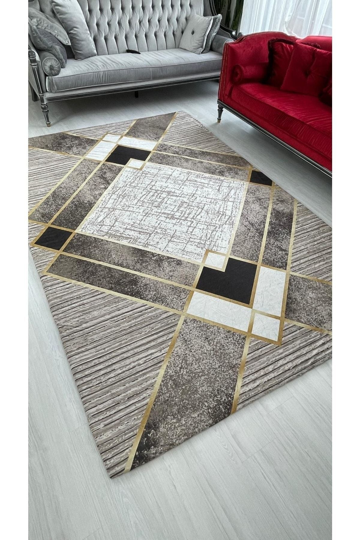 MEKA TEKSTİL Coffee Gold Band Model Elastic Velvet Carpet Cover 3