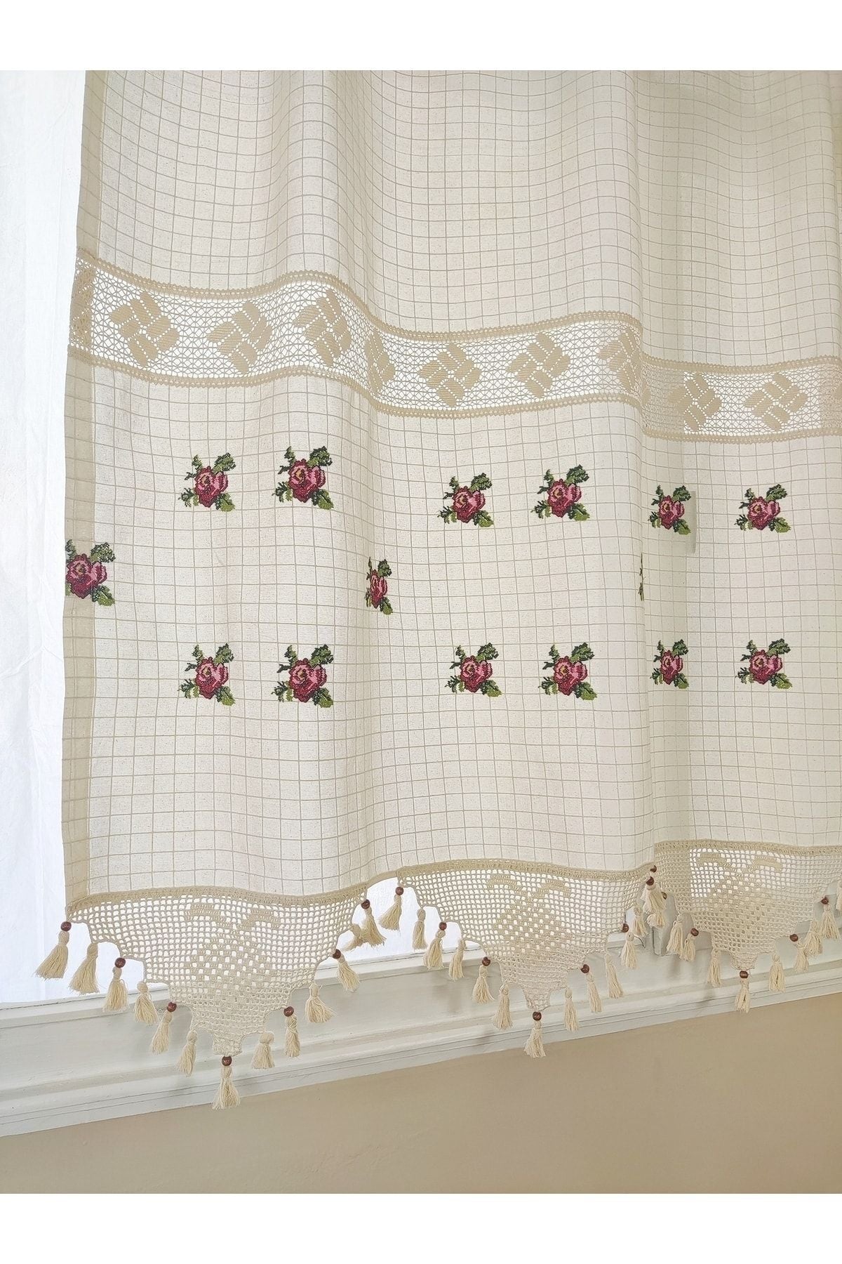 TUNCAY TEKSTİL Red Sprinkled Cross-Stitch 100% Cotton Authentic Buldan Hand-Lace Curtain Sunshade 2