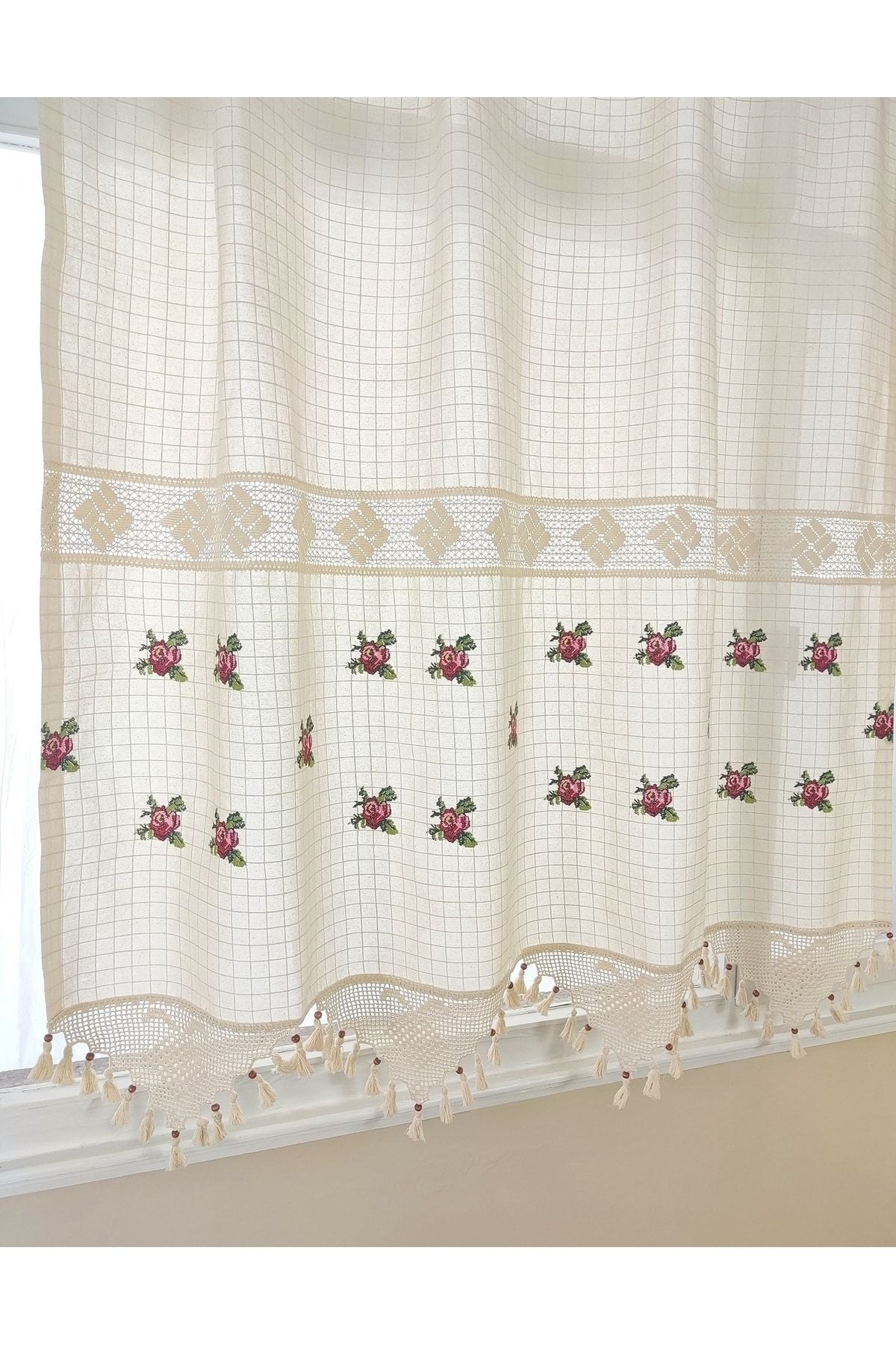 TUNCAY TEKSTİL Red Sprinkled Cross-Stitch 100% Cotton Authentic Buldan Hand-Lace Curtain Sunshade 3