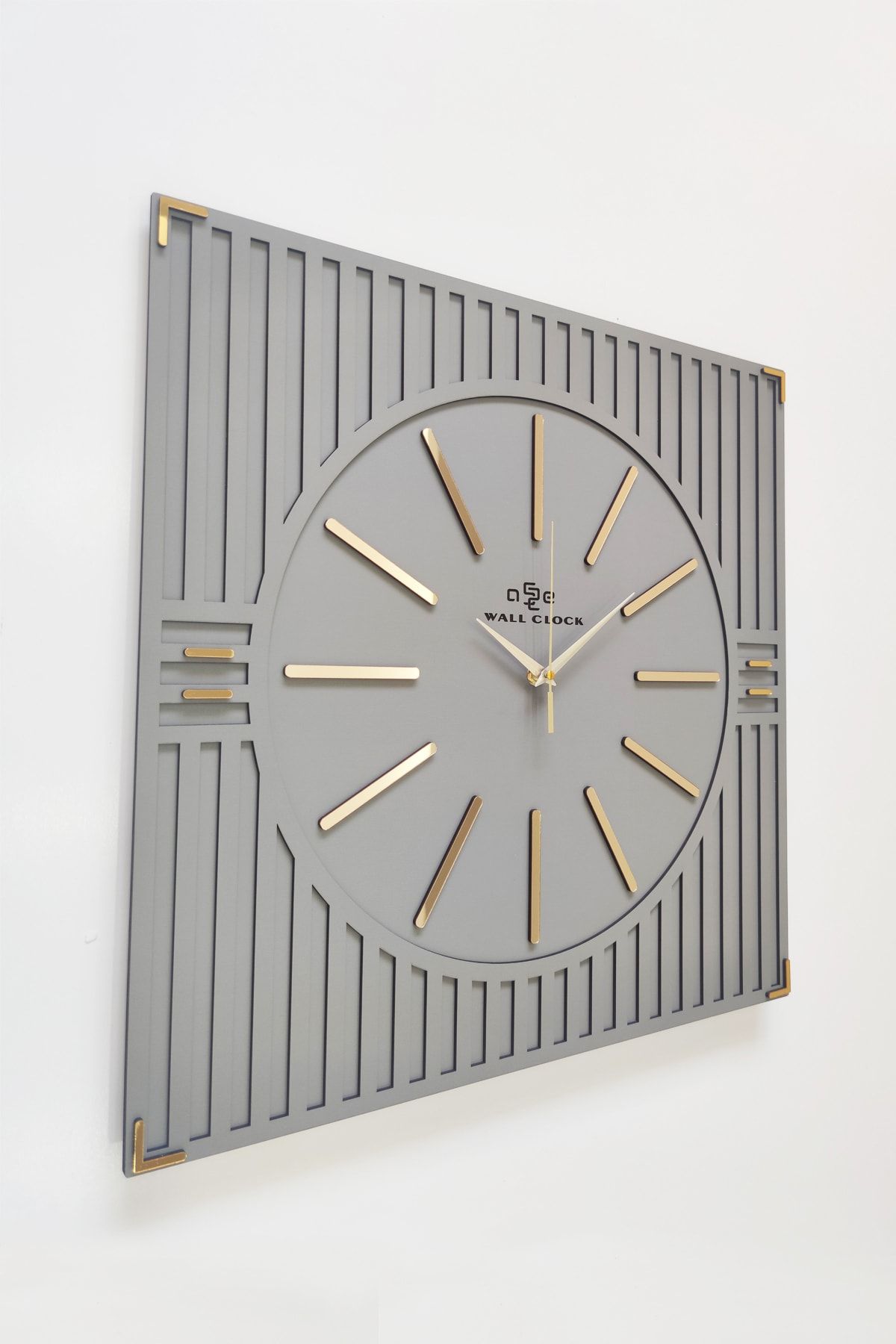 Asse Design Special Luxury Square Line Pattern Mirror Plexiglass Decorative Anthracite & Gold Wall Clock 50x50cm 1