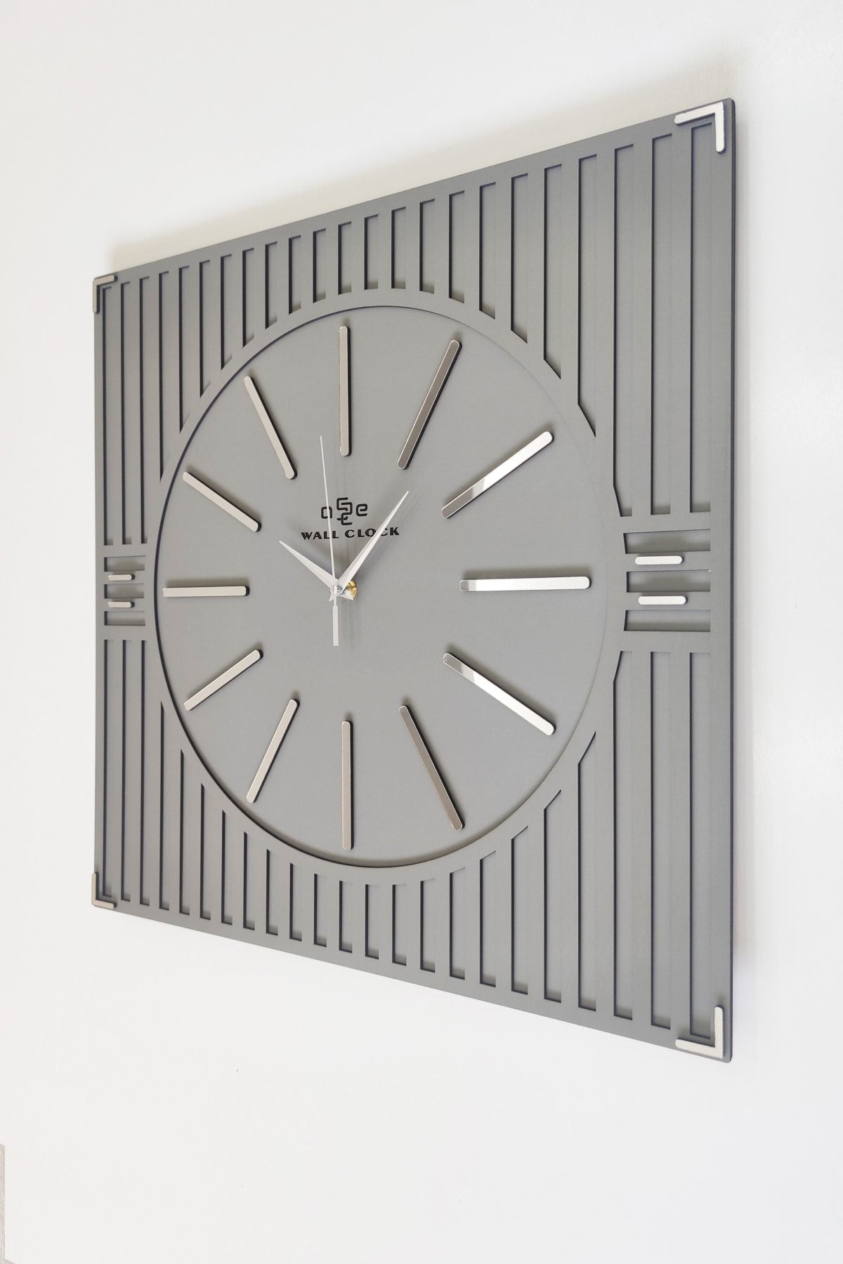 aSSe Tasarım Special Luxury Square Line Pattern Mirror Plexiglass Decorative Anthracite & Silver Wall Clock 50x50cm 3