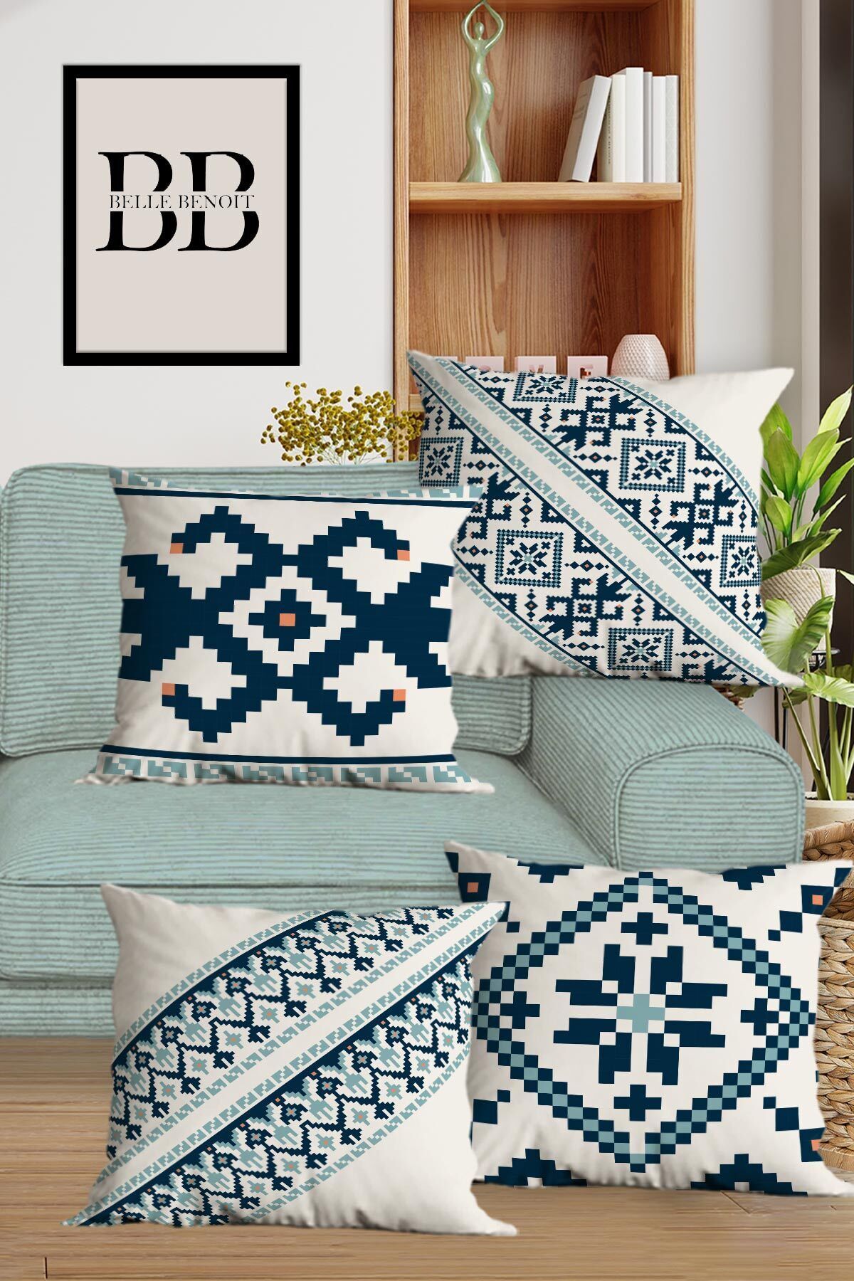 Belle Benoit Blue White Ethnic Design Double-Sided Printed Decorative 4-Piece Cushion Cover Set 1