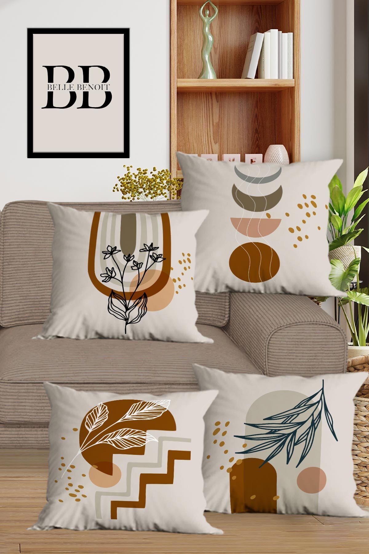 Belle Benoit Beige Brown Design Double-Sided Printed Decorative 4-Piece Sofa Pillow Cover Set 1