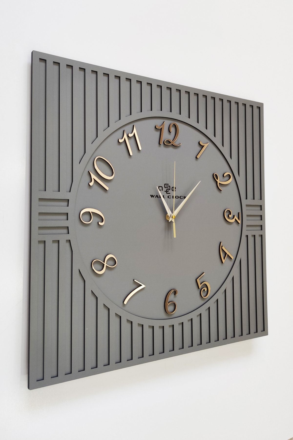 Asse Design Square Line Pattern Turkish Numerals Anthracite & Gold Decorative Black & Silver 50x50cm Wall Clock 1