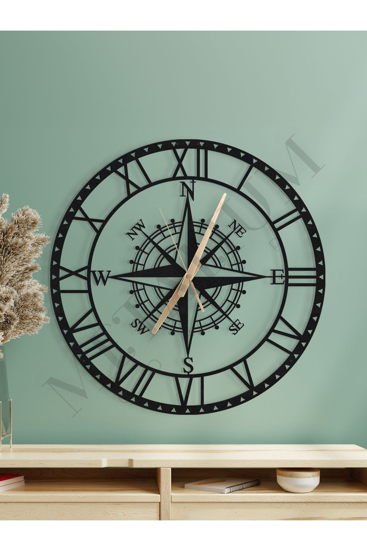 Metalium Concept Decorative Roman Numeral Silent Black Metal Wall Clock With Compass Theme 45x45cm 7