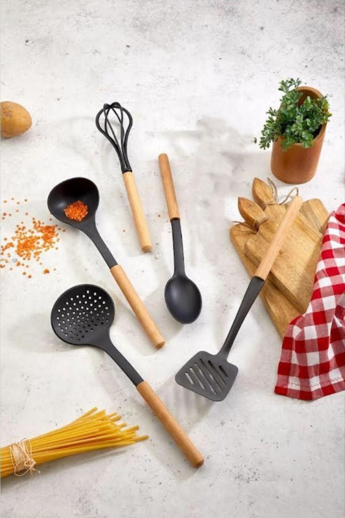 ENES Wooden Handle Heat Resistant Non-Scratch Set Spoon, Ladle, Spatula, Skimmer 1