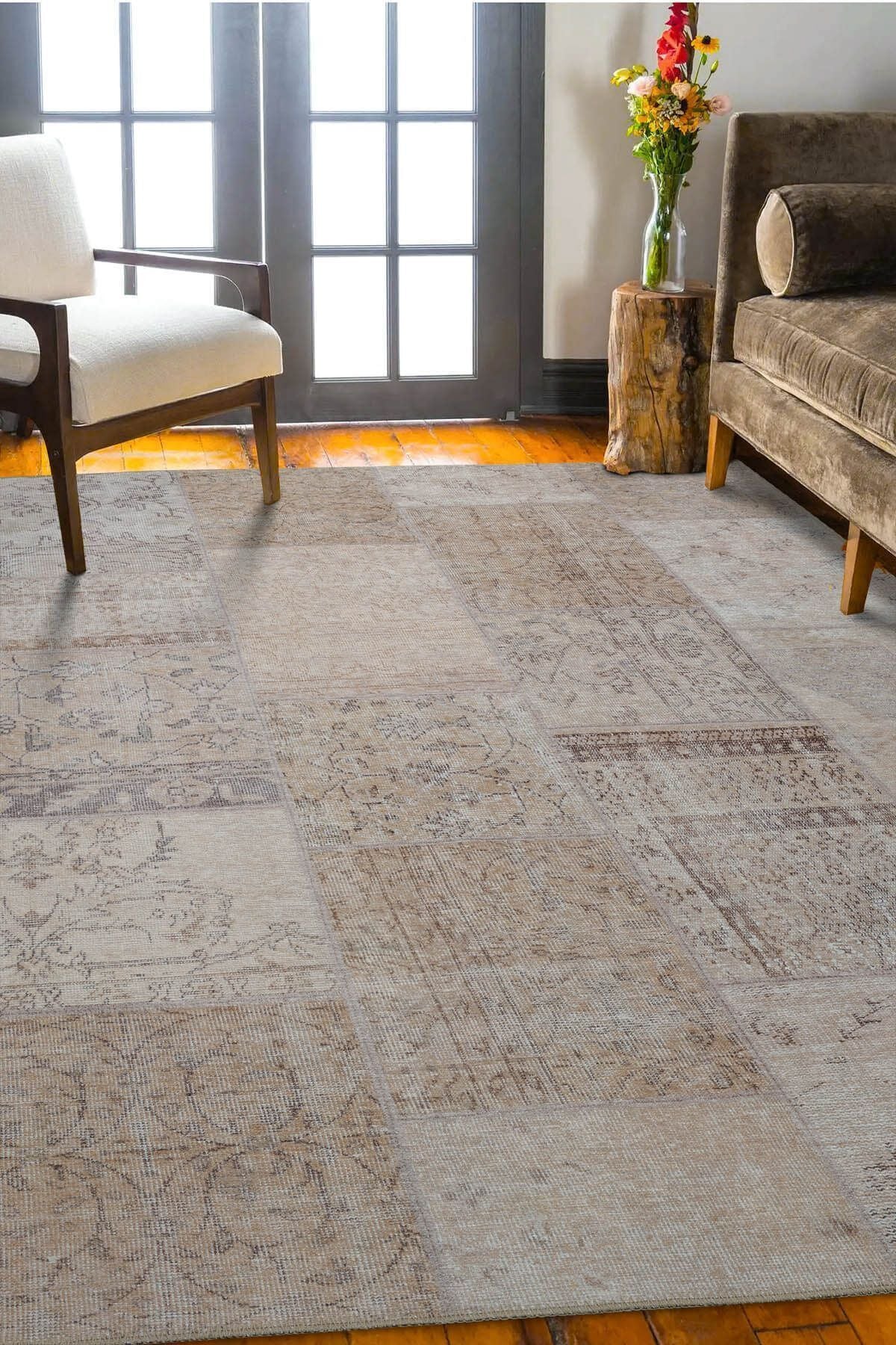 ARTLOOP Patchwork Patterned Living Room Rug, Woven Base Decorative Chenille Beige Rug Jazz Al 15 2