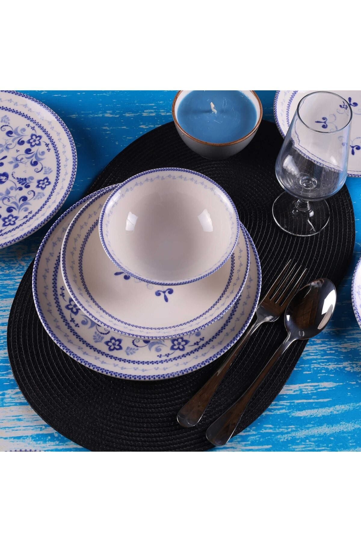 Tulü Porselen Blue Blanc 24 Piece 6 Person Daily Dinner Set Blue Cream Classic Db0775 1