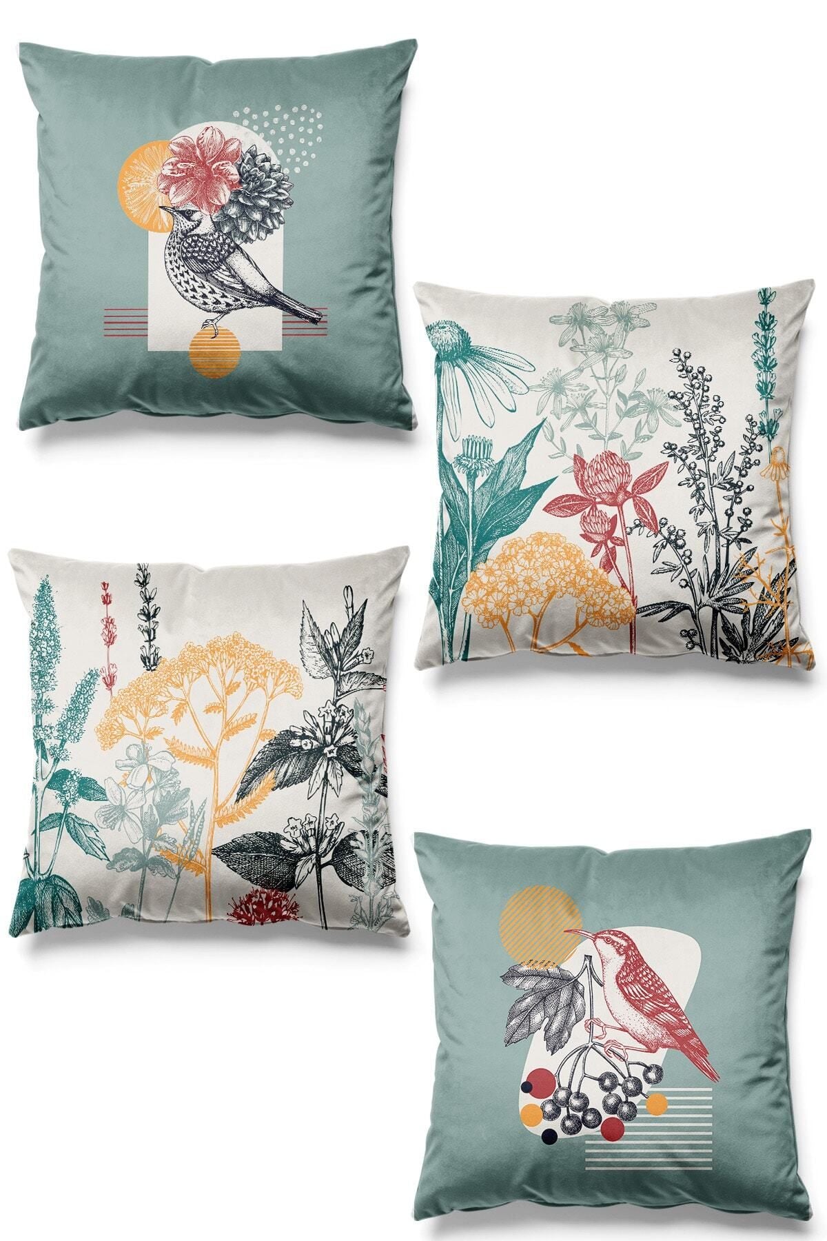 Pilloveland Double-Sided Printed Çalıkuşu Patterned 4-Piece Suede Cushion Cover Set 1