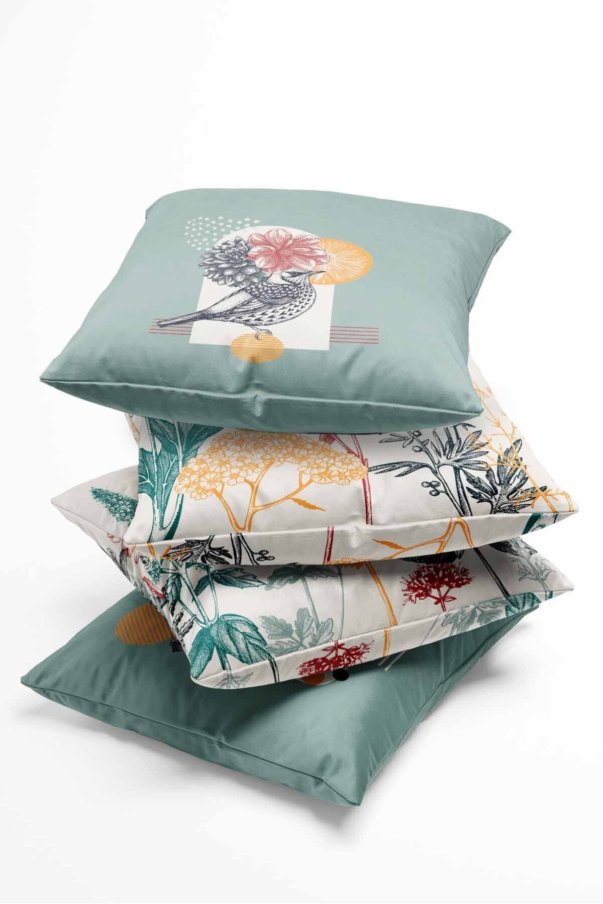 Pilloveland Double-Sided Printed Çalıkuşu Patterned 4-Piece Suede Cushion Cover Set 3