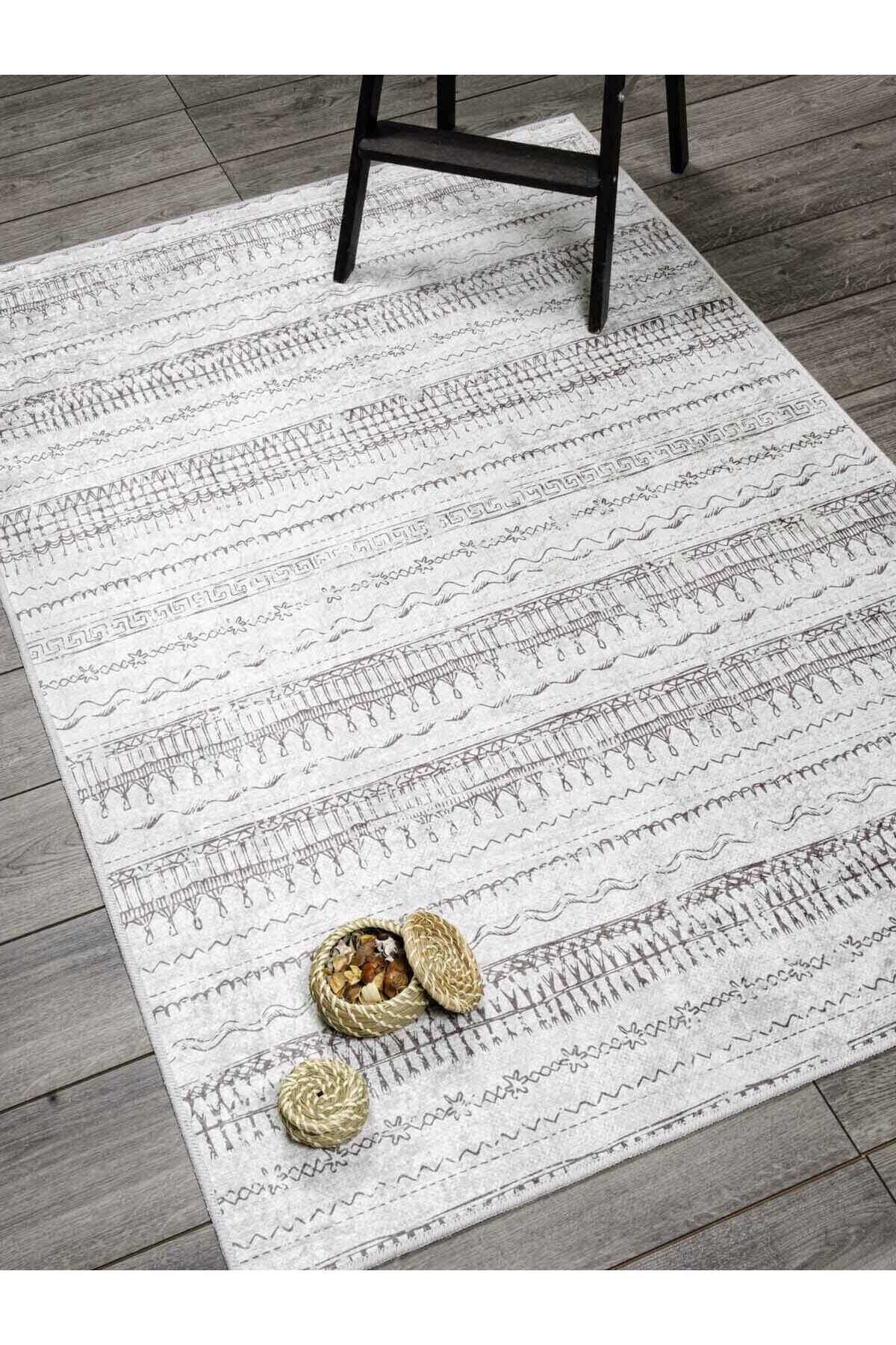 Oriente Home Scandinavian Patterned White Grey Washable Non-Slip Velvet Runner Rug 7788 2