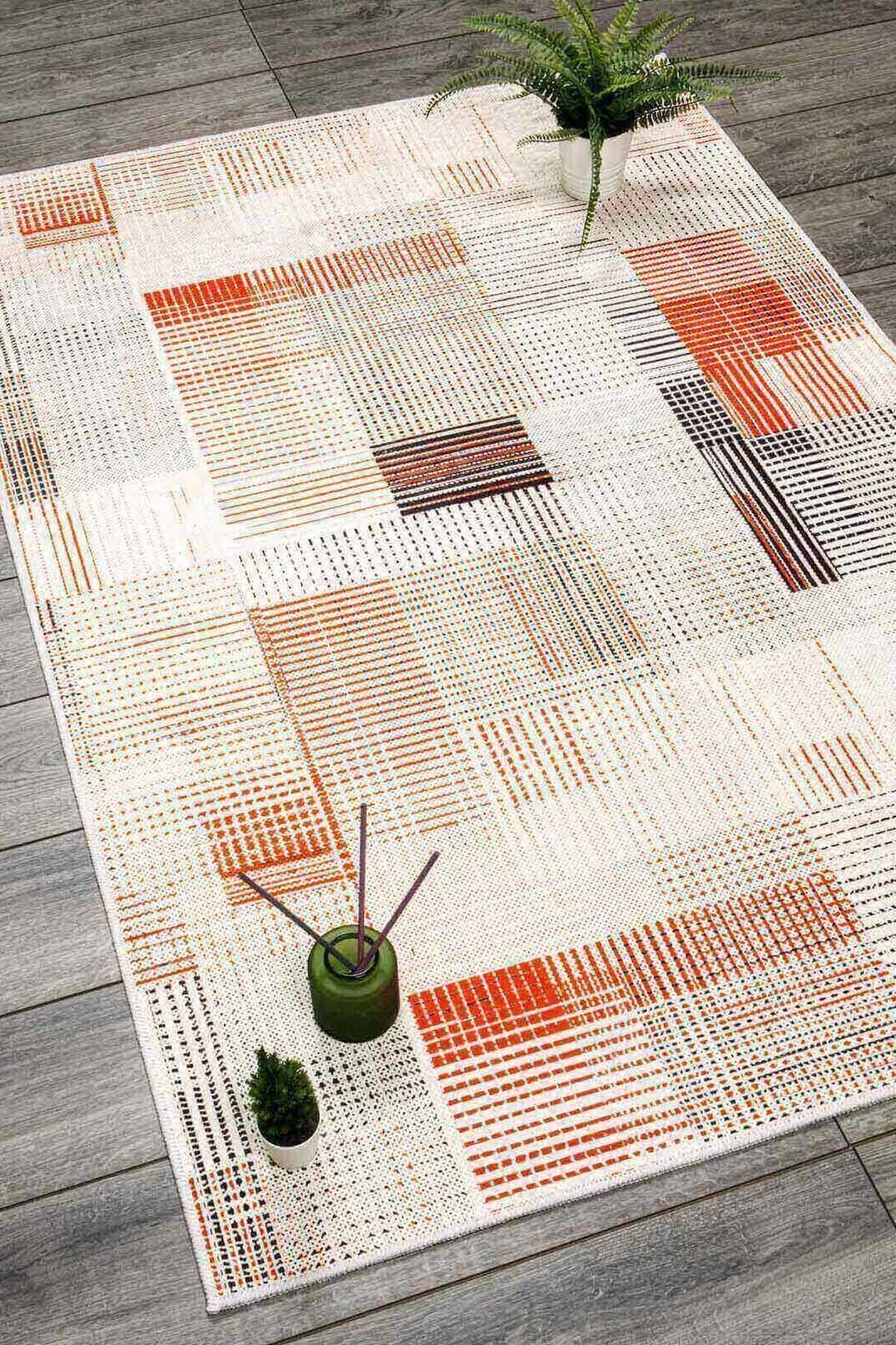 Oriente Home Striped Patterned Cream Orange Gray Washable Non-Slip Velvet Runner Corridor Rug 7920 1