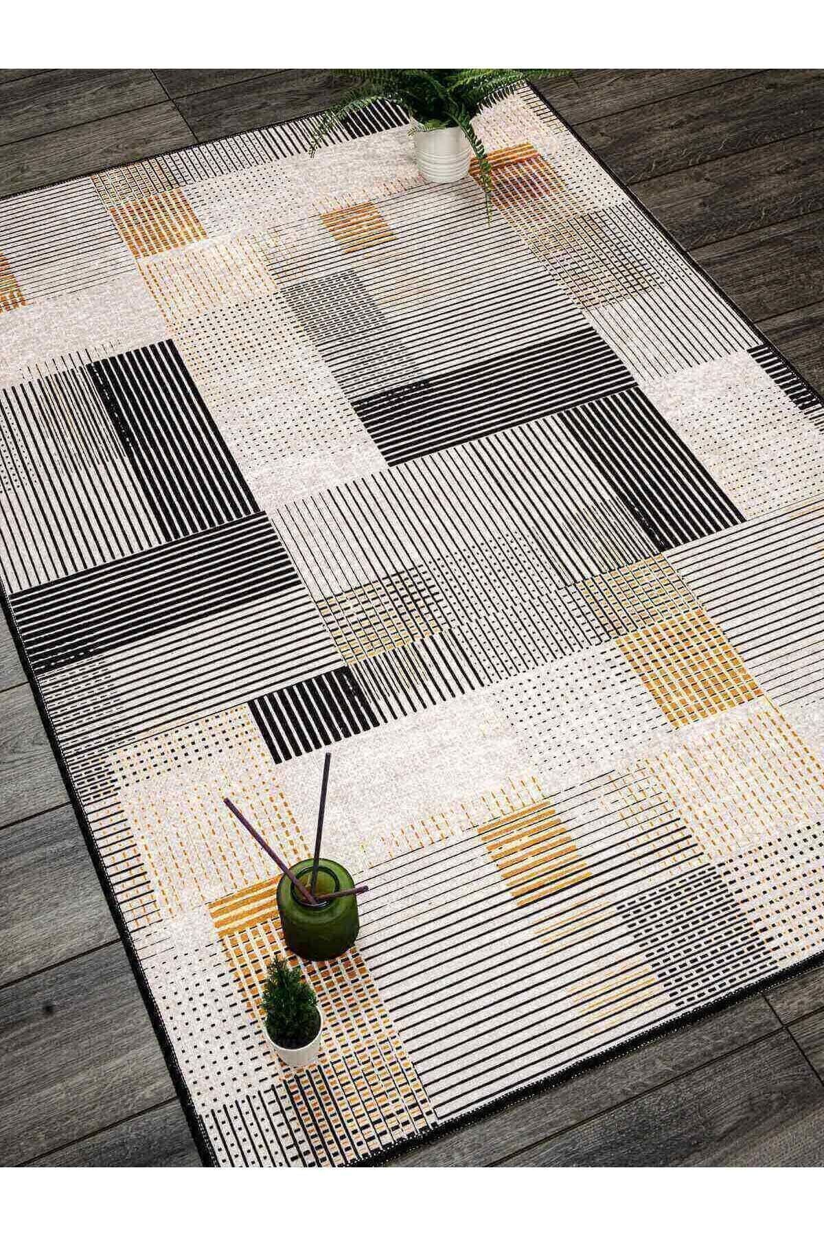 Oriente Home Striped Pattern Black White Yellow Washable Non-Slip Velvet Runner Rug 7919 2