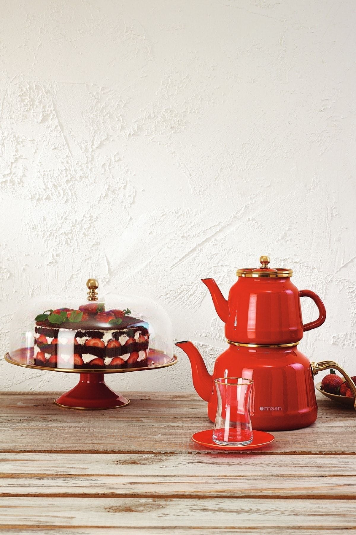 Emsan Troy Maxi Induction Base Enamel Tea Kettle Set Red 2