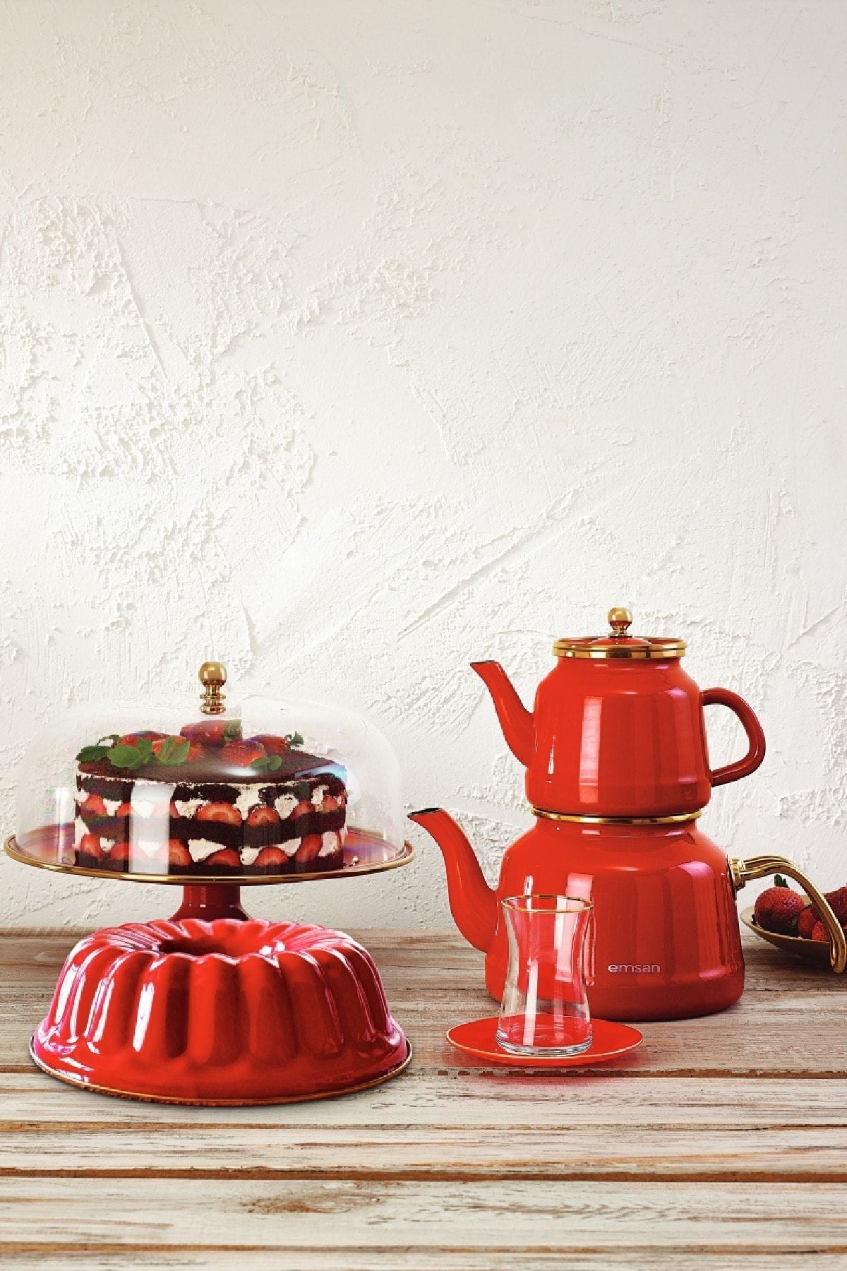 Emsan Troy Maxi Induction Base Enamel Tea Kettle Set Red 3