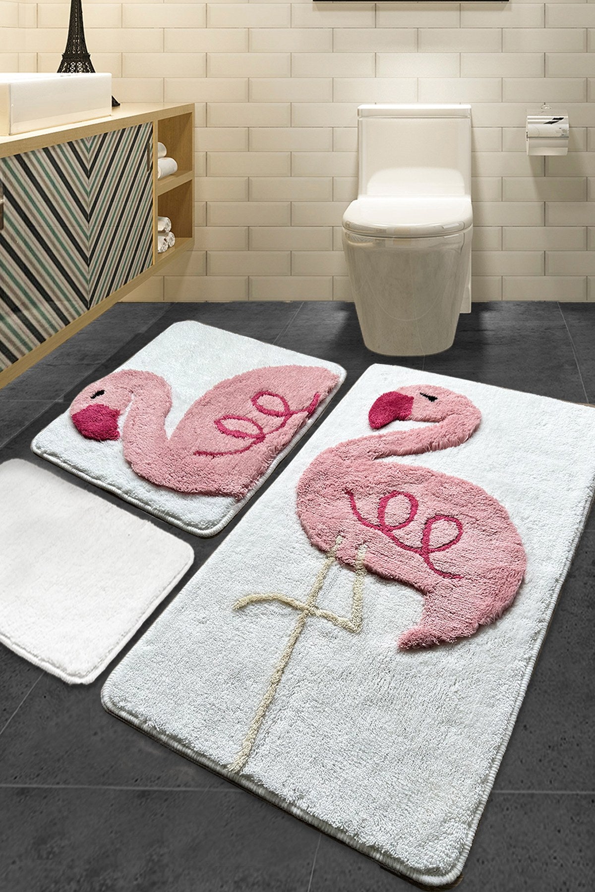 Acrylic Bathmat Set (3 Pieces) Pink Flamingo Multicolor 351ALS2004 1