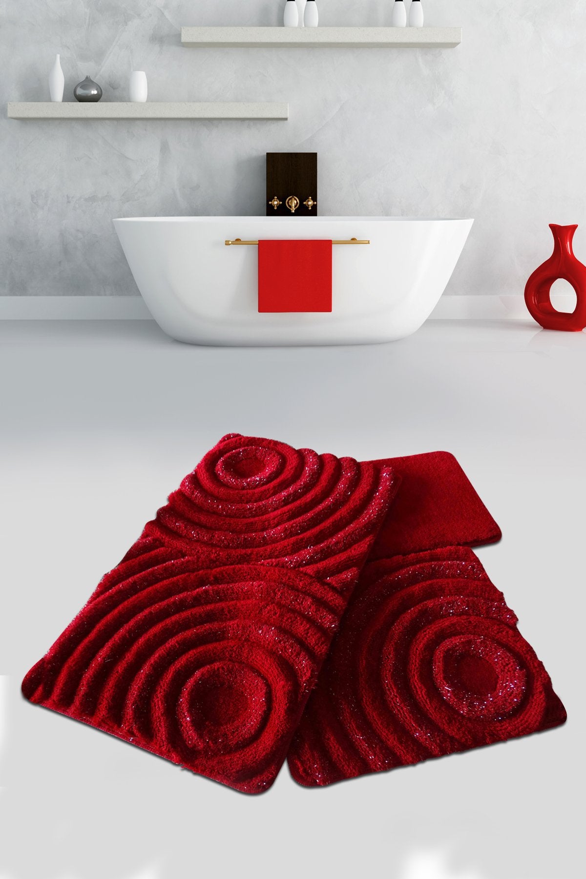 Acrylic Bathmat Set (3 Pieces) Wave - Red Red 351ALS2018 1