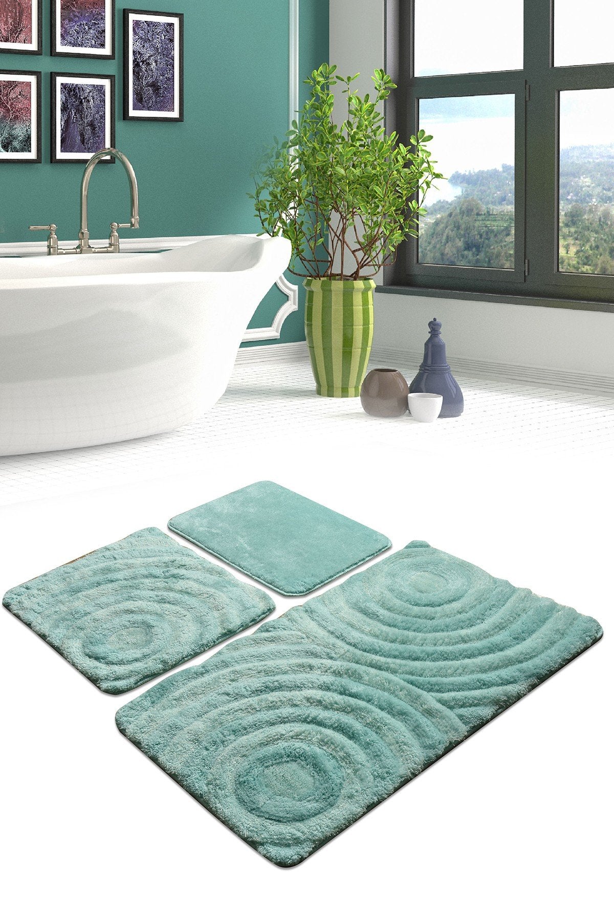 Acrylic Bathmat Set (3 Pieces) Wave - Mint Mint 351ALS2019 2