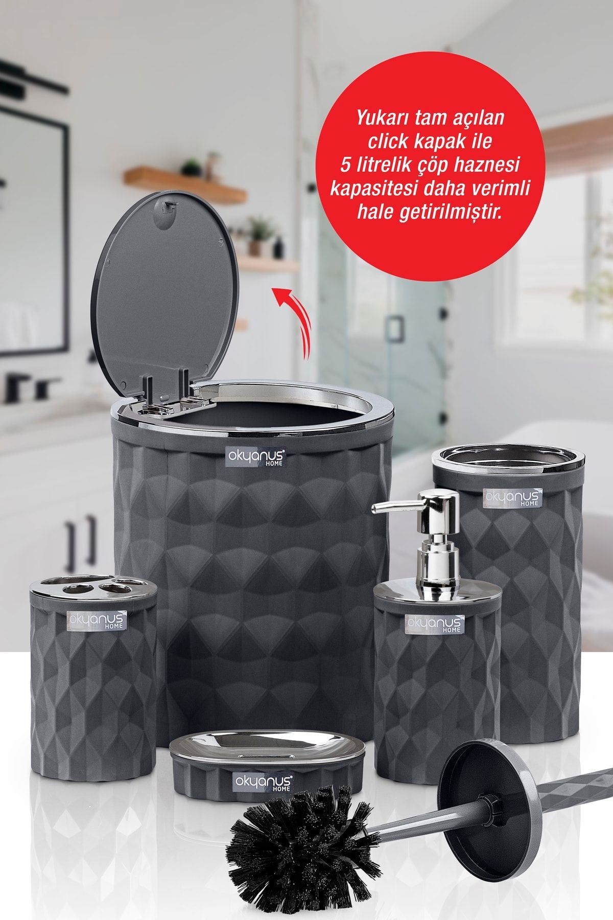 Okyanus Home Diamond Anthracite Chrome Click Lid 5-Piece Bathroom Set 3