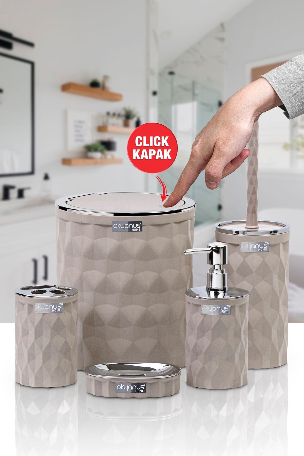 Okyanus Home Diamond Vizon Chromed Click Cap 5-Piece Bathroom Set 1