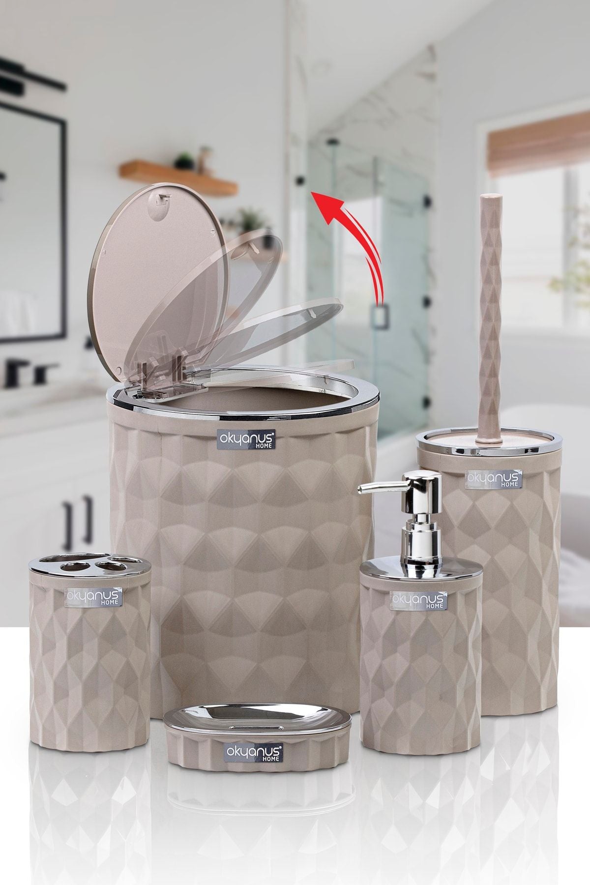 Okyanus Home Diamond Vizon Chromed Click Cap 5-Piece Bathroom Set 2