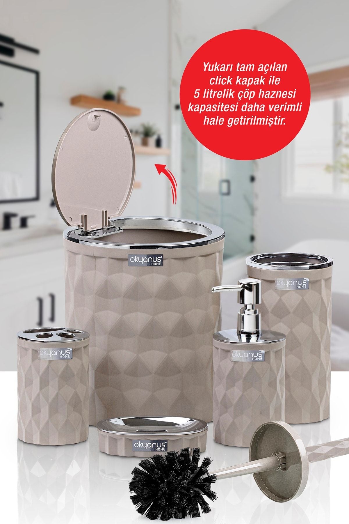 Okyanus Home Diamond Vizon Chromed Click Cap 5-Piece Bathroom Set 3