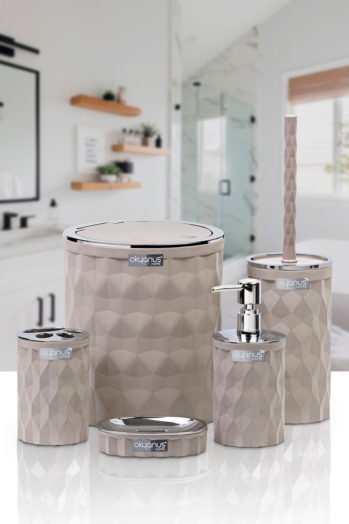 Okyanus Home Diamond Vizon Chromed Click Cap 5-Piece Bathroom Set 4