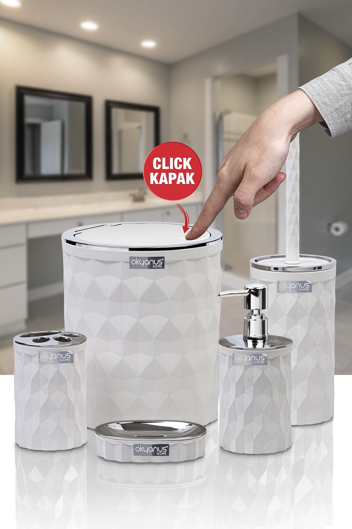 Okyanus Home Diamond White Chrome Click Cap 5-Piece Bathroom Set 1