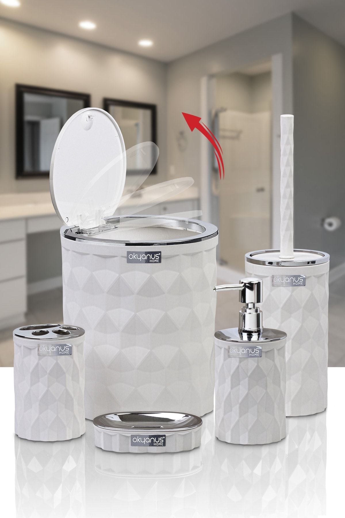 Okyanus Home Diamond White Chrome Click Cap 5-Piece Bathroom Set 2