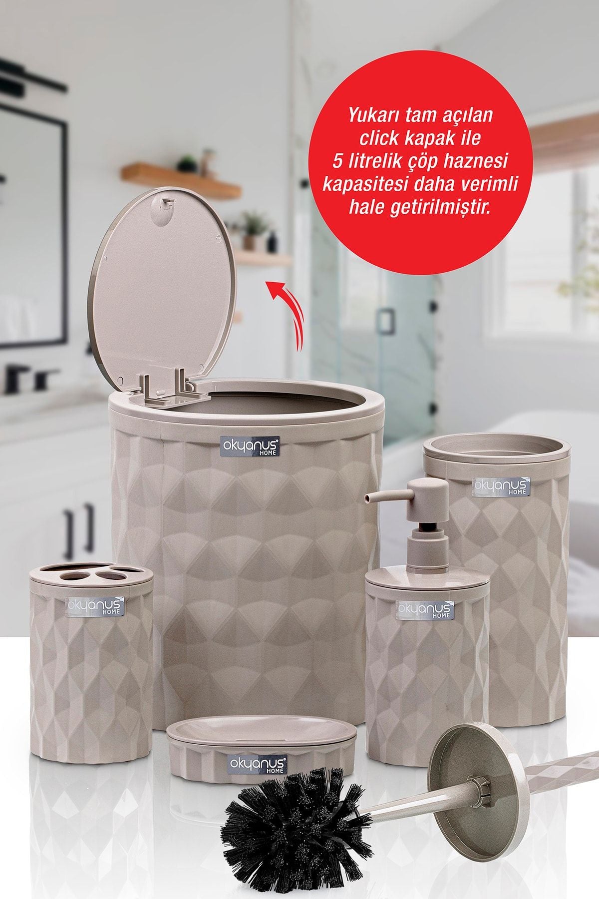 Okyanus Home Diamond Vizon Click Lid 5-Piece Bathroom Set 3