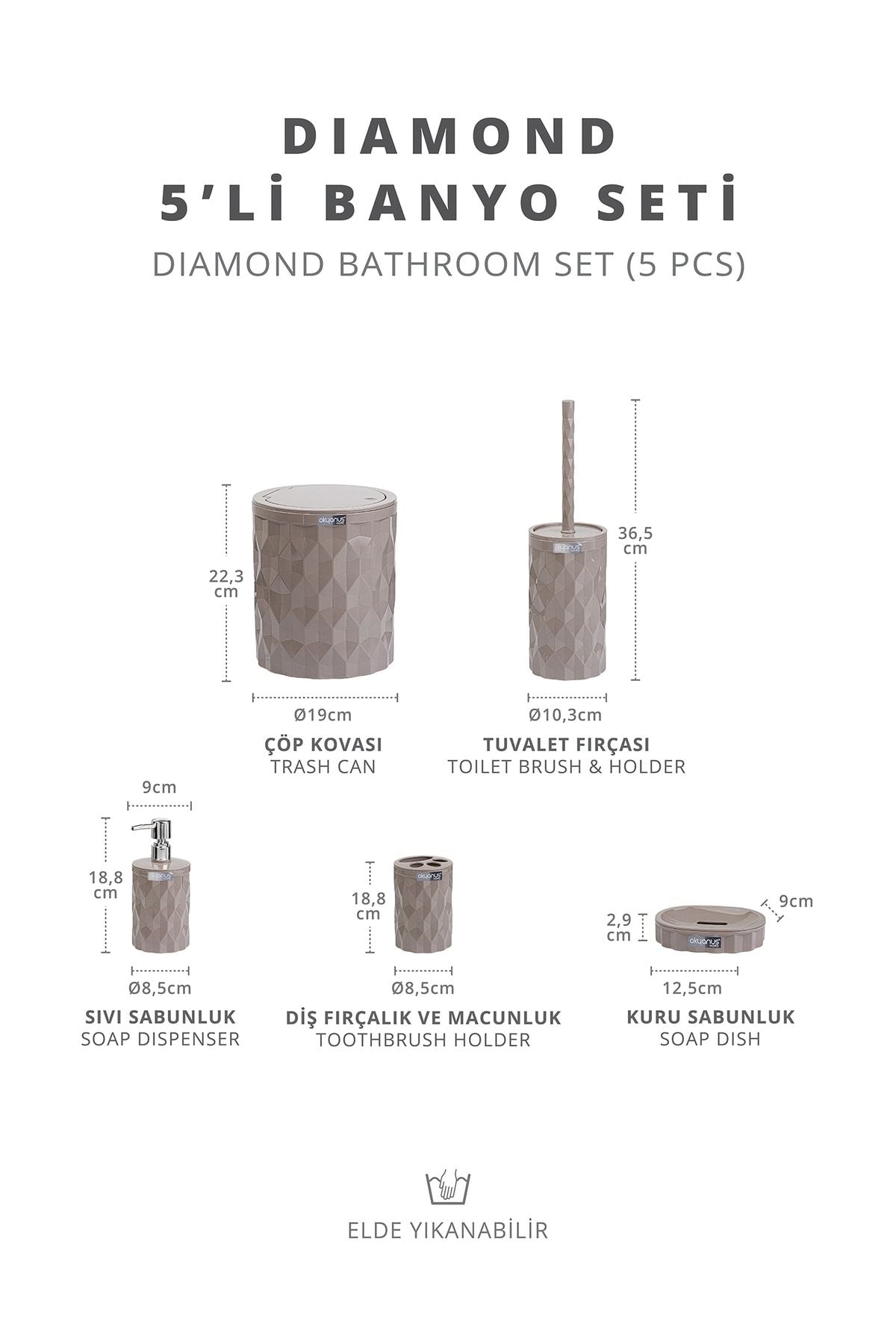 Okyanus Home Diamond Vizon Click Lid 5-Piece Bathroom Set 5