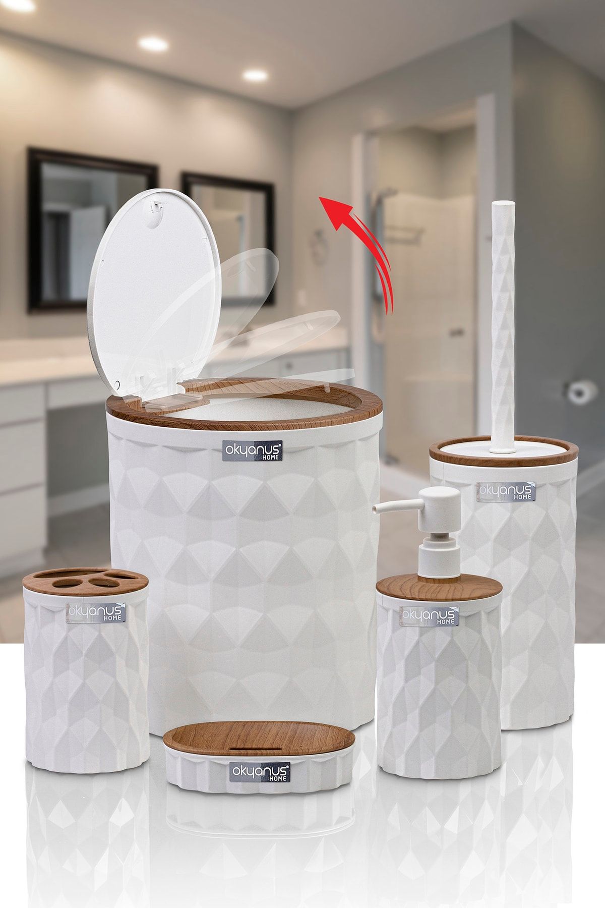 Okyanus Home Diamond White Wooden Click Cover 5-Piece Bathroom Set 2