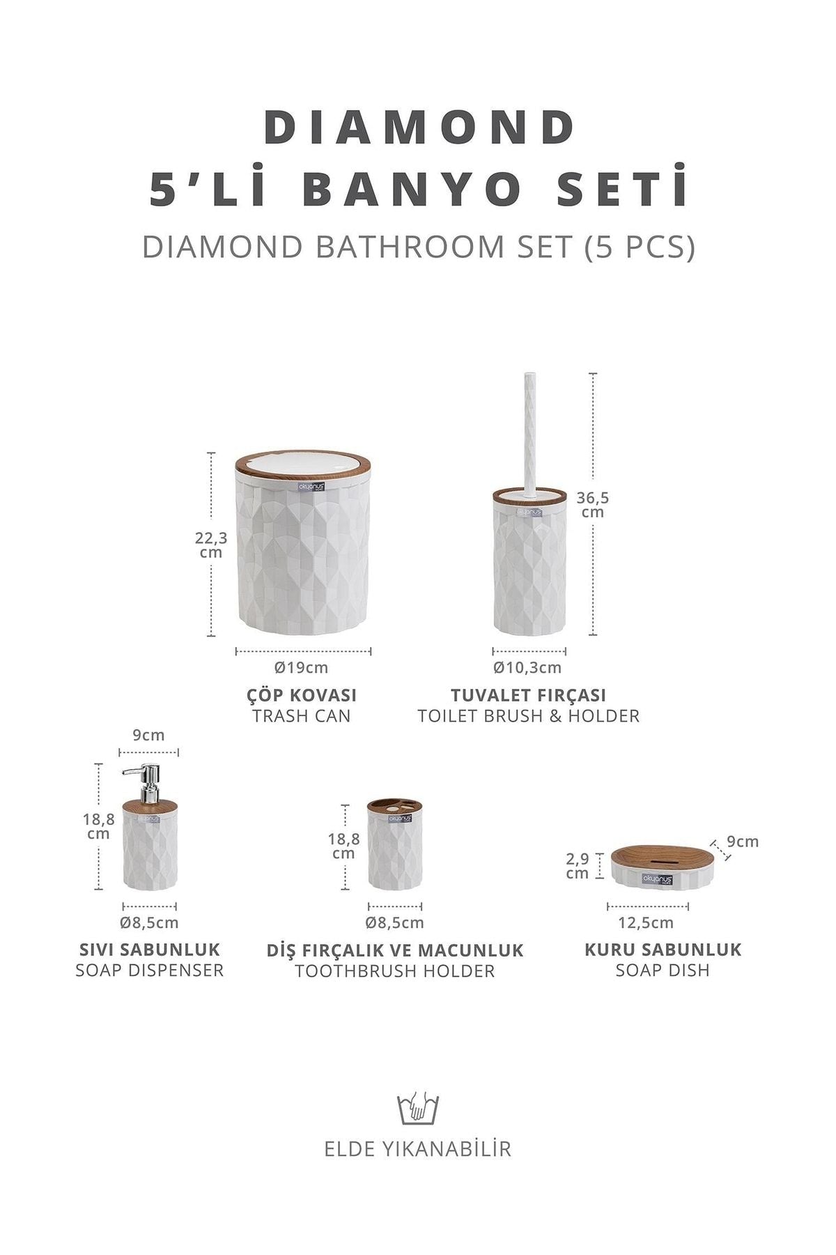 Okyanus Home Diamond White Wooden Click Cover 5-Piece Bathroom Set 5