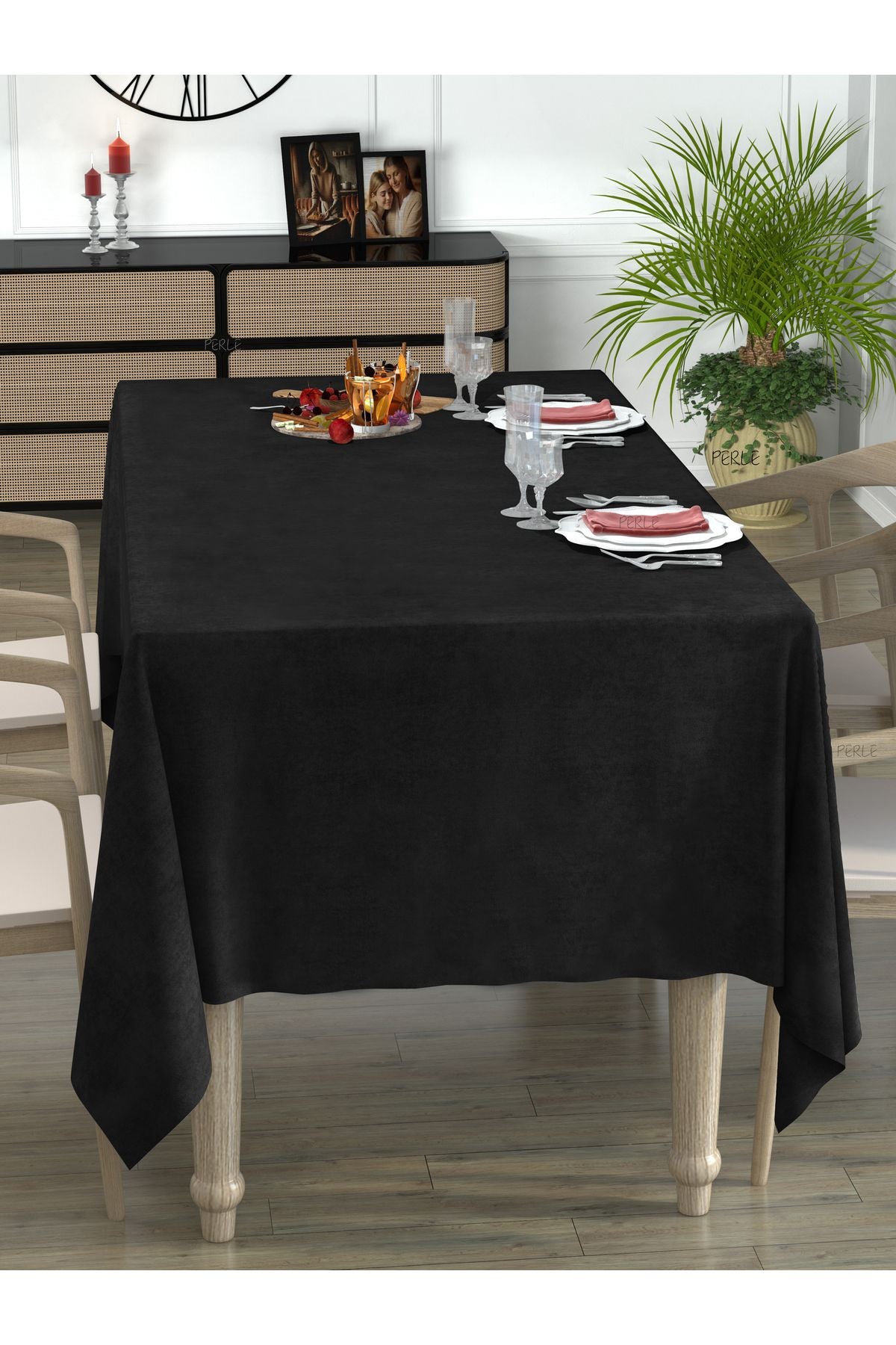 Perle Daily Series Velvet Textured Black Tablecloth 2