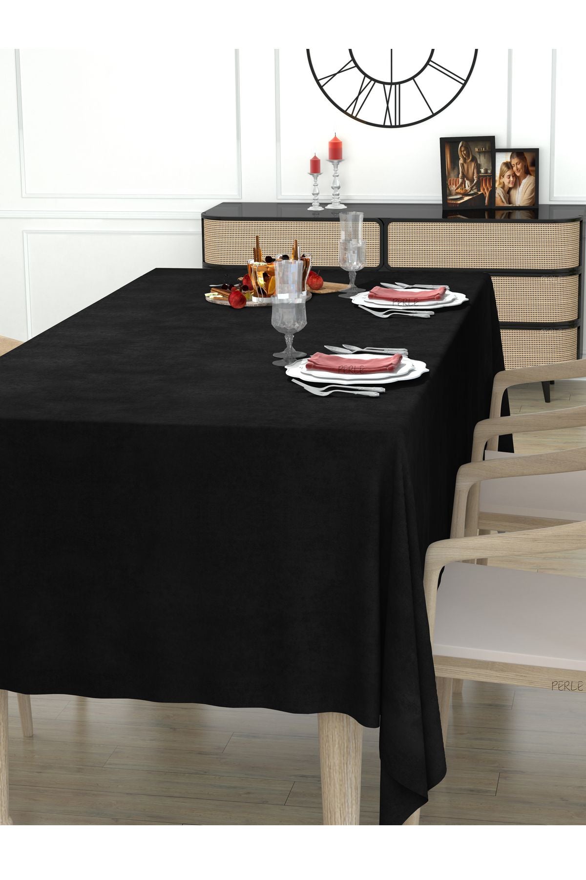 Perle Daily Series Velvet Textured Black Tablecloth 3