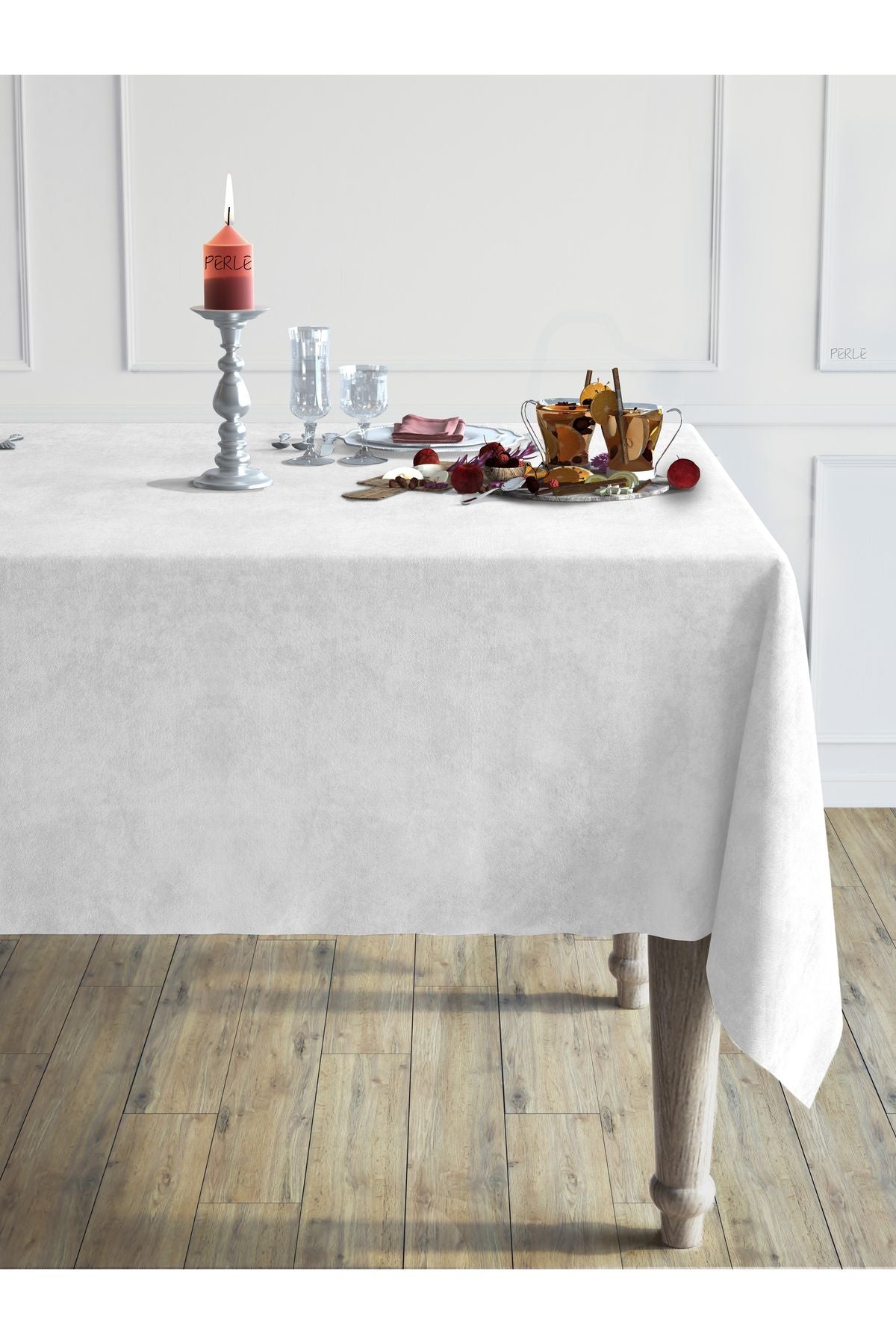 Perle Daily Series Velvet Textured White Tablecloth 1