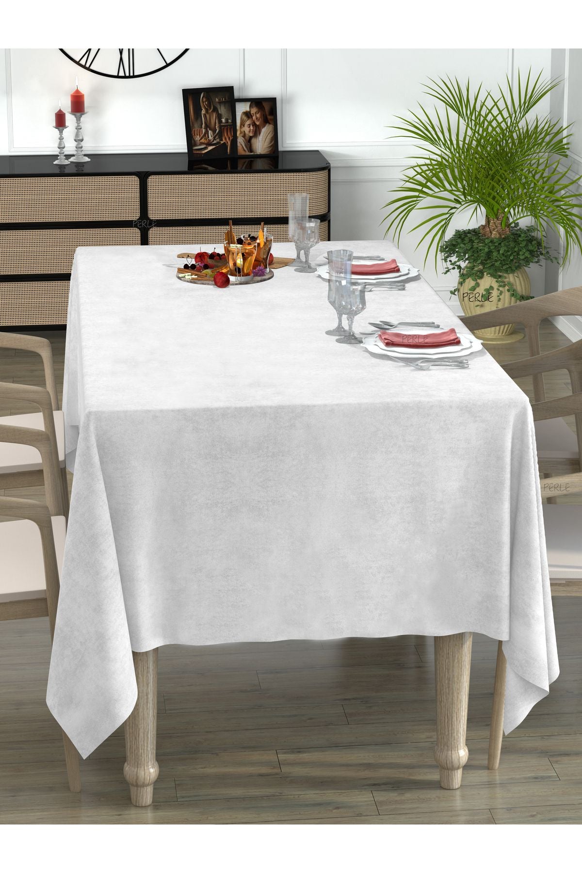 Perle Daily Series Velvet Textured White Tablecloth 2