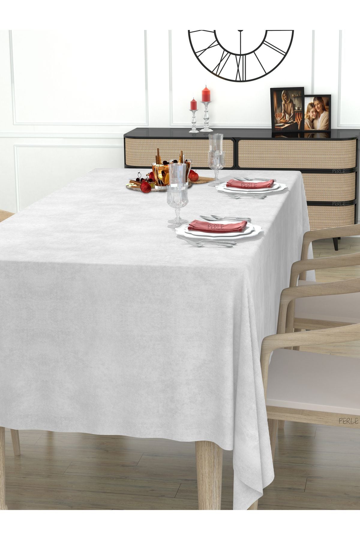 Perle Daily Series Velvet Textured White Tablecloth 3