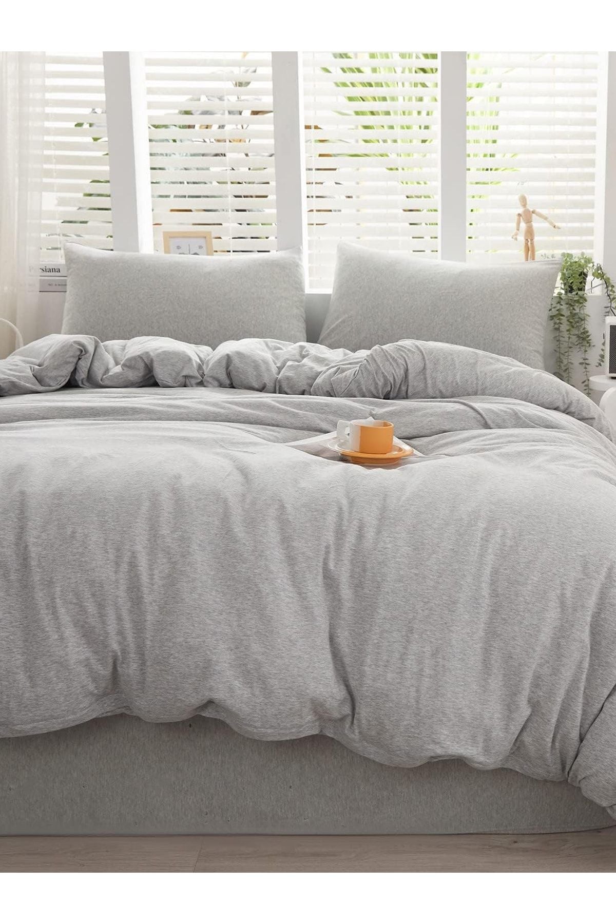 CAQQA Gray Double Cotton Fitted Sheet Duvet Cover Set 4