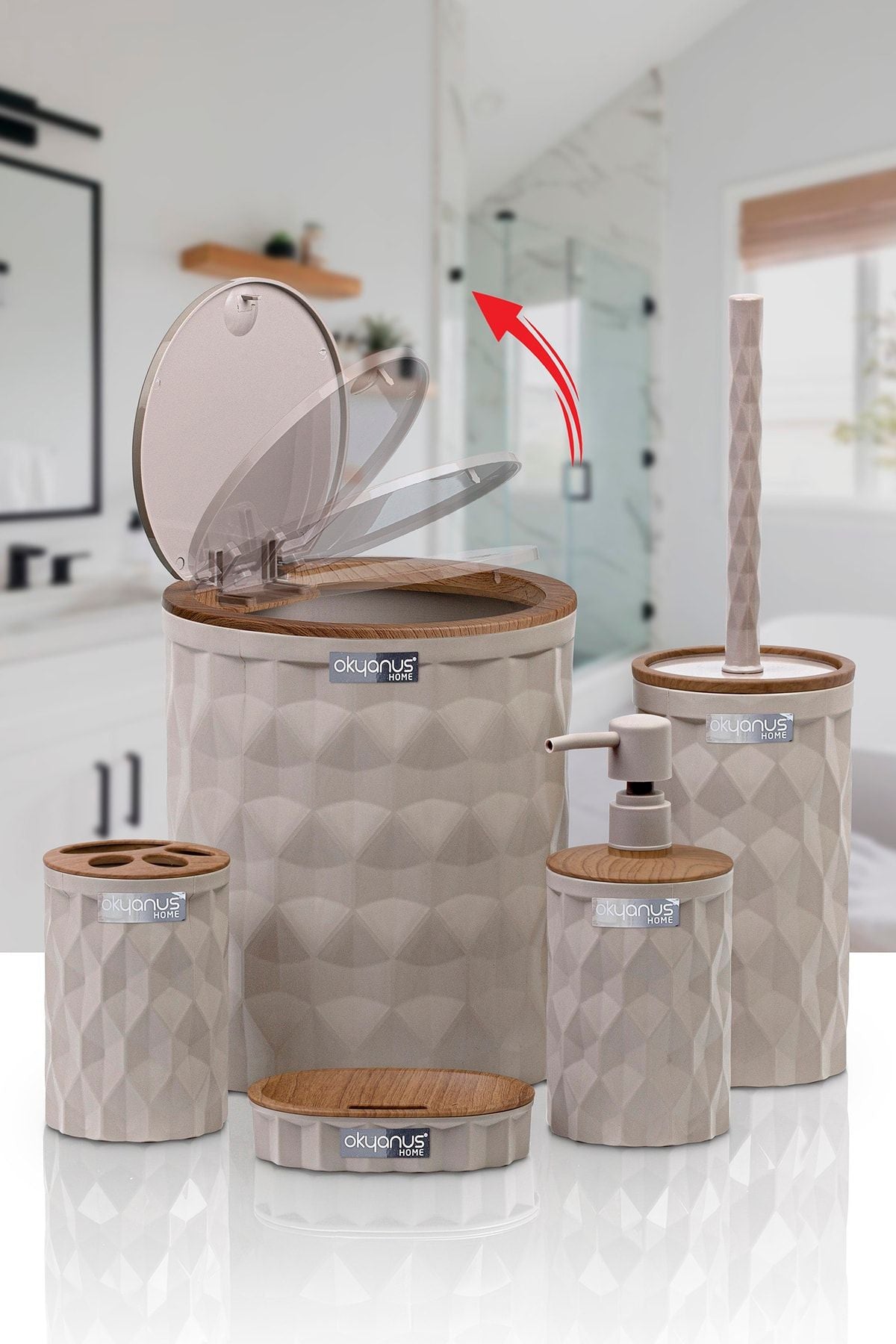 Okyanus Home Diamond Vizon Wooden Click Lid 5-Piece Bathroom Set 2