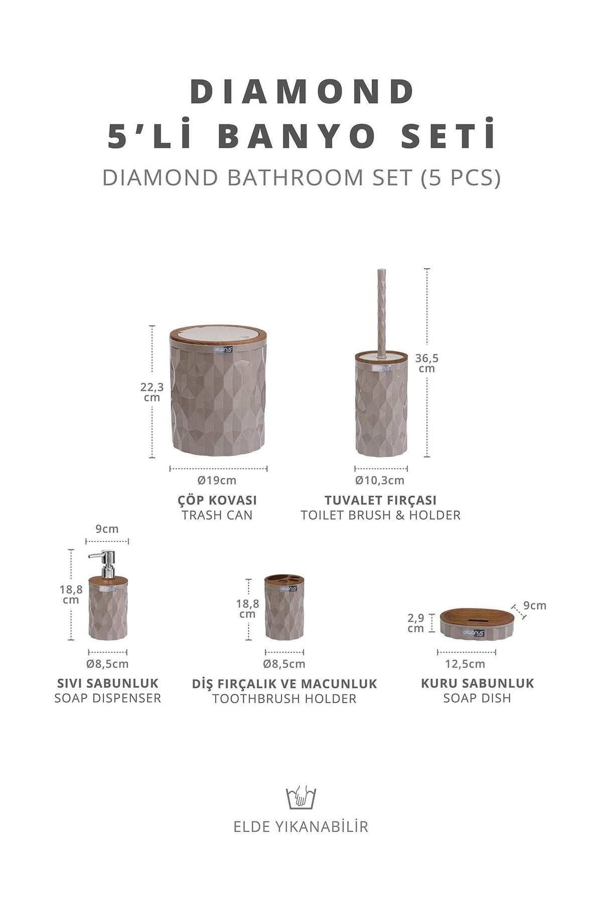 Okyanus Home Diamond Vizon Wooden Click Lid 5-Piece Bathroom Set 5