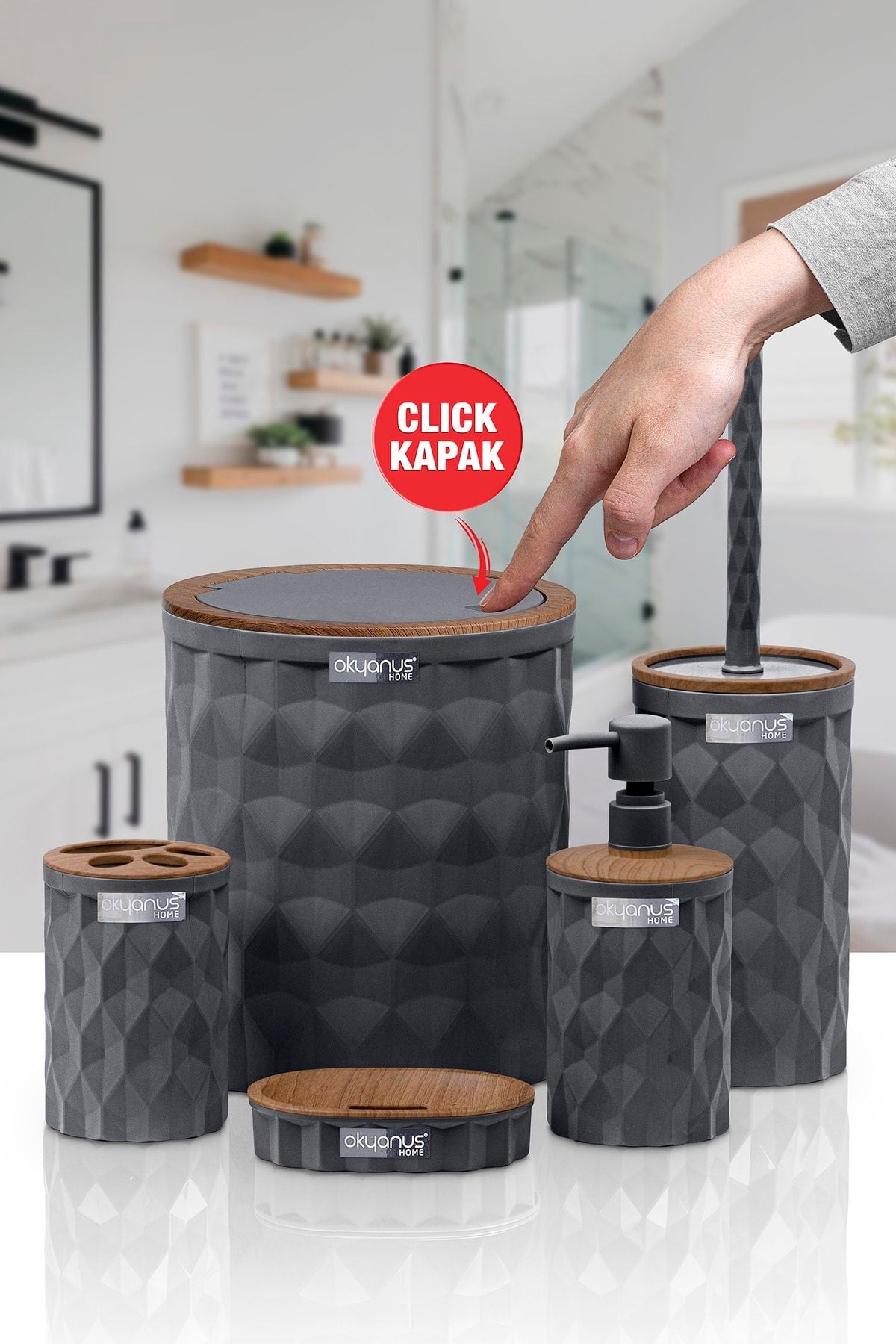 Okyanus Home Diamond Anthracite Wooden Click Lid 5-Piece Bathroom Set 1