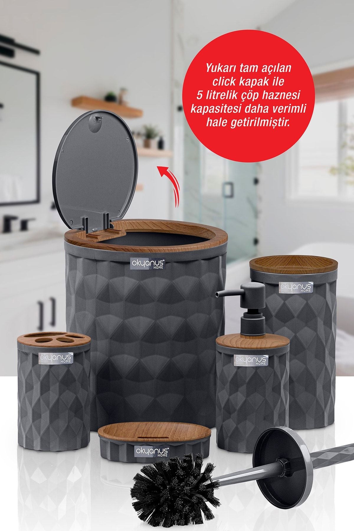 Okyanus Home Diamond Anthracite Wooden Click Lid 5-Piece Bathroom Set 3