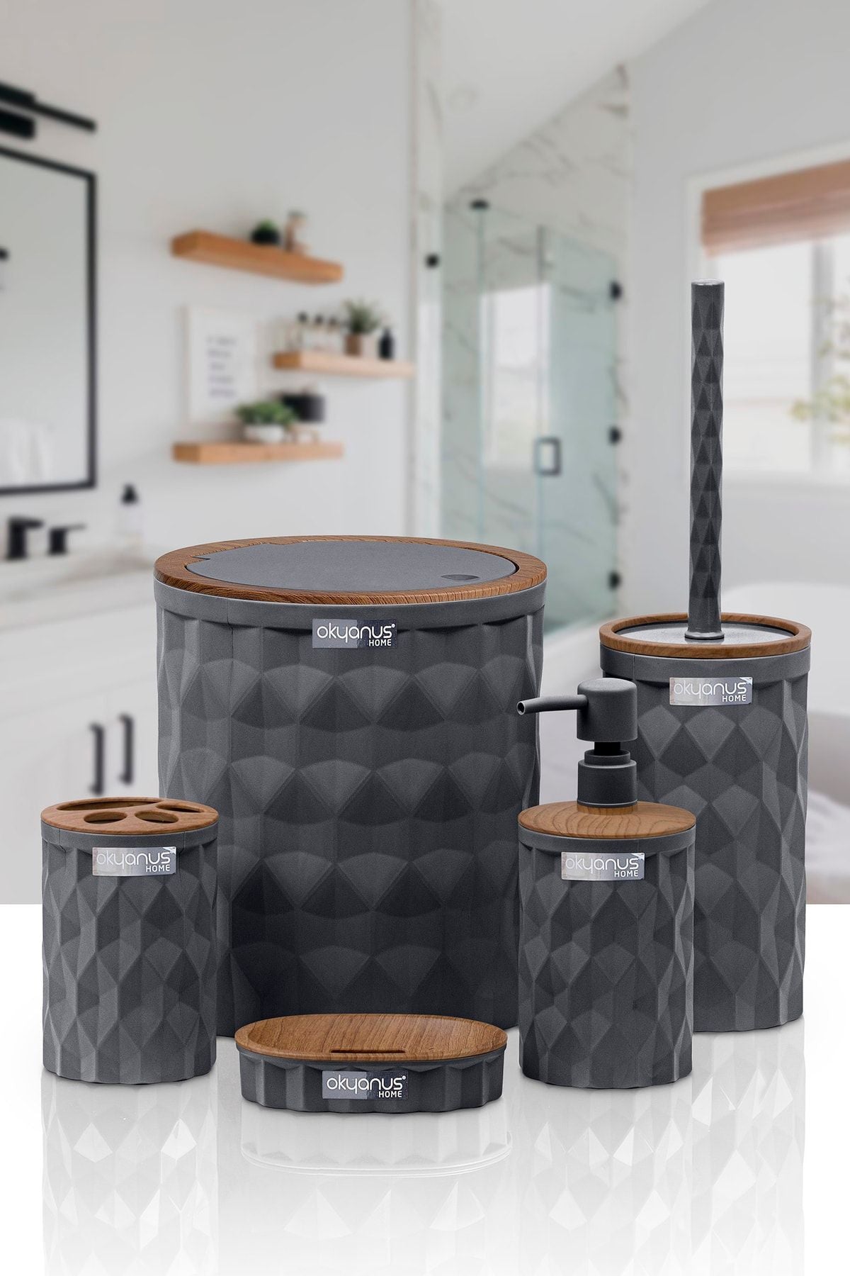 Okyanus Home Diamond Anthracite Wooden Click Lid 5-Piece Bathroom Set 4