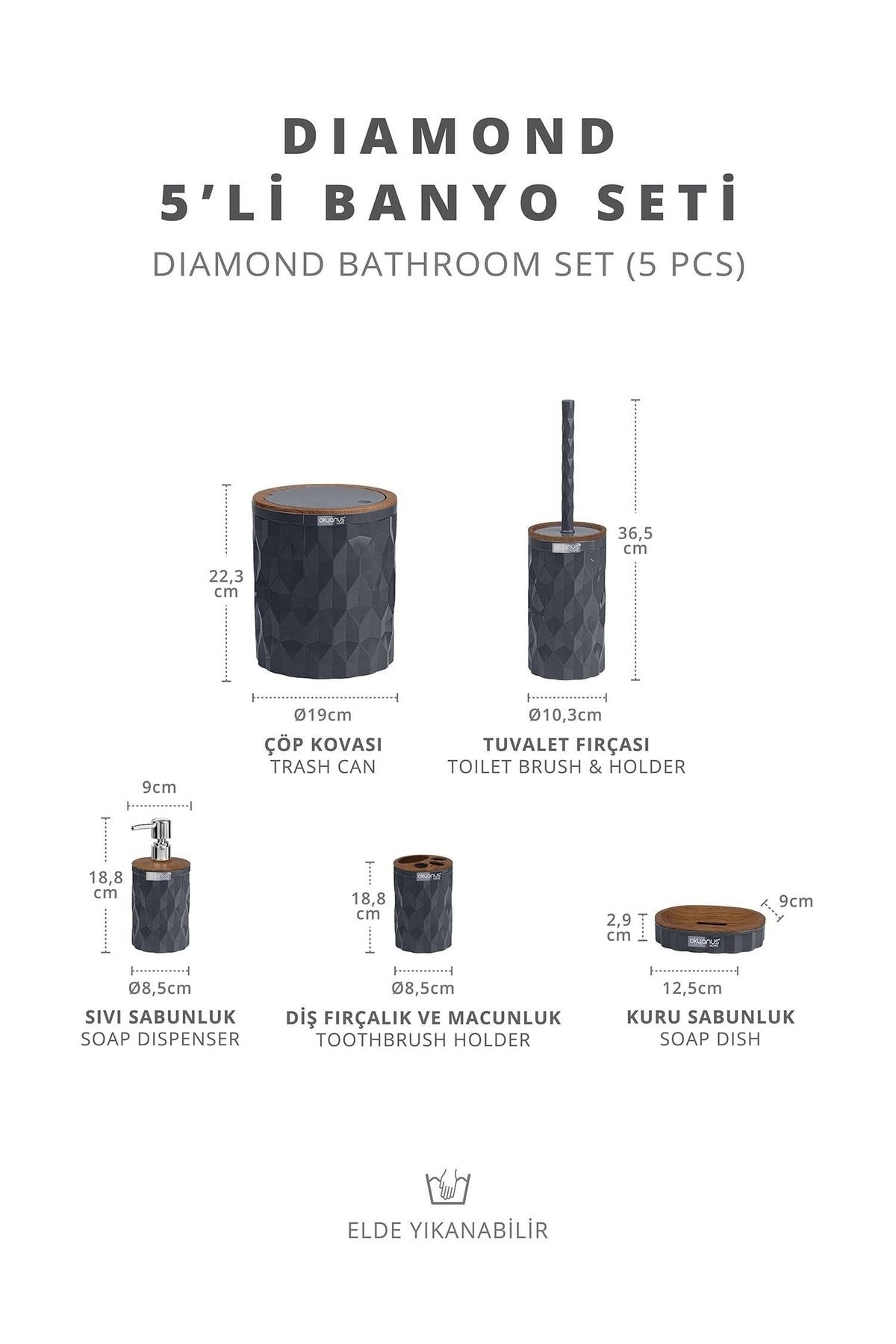 Okyanus Home Diamond Anthracite Wooden Click Lid 5-Piece Bathroom Set 5