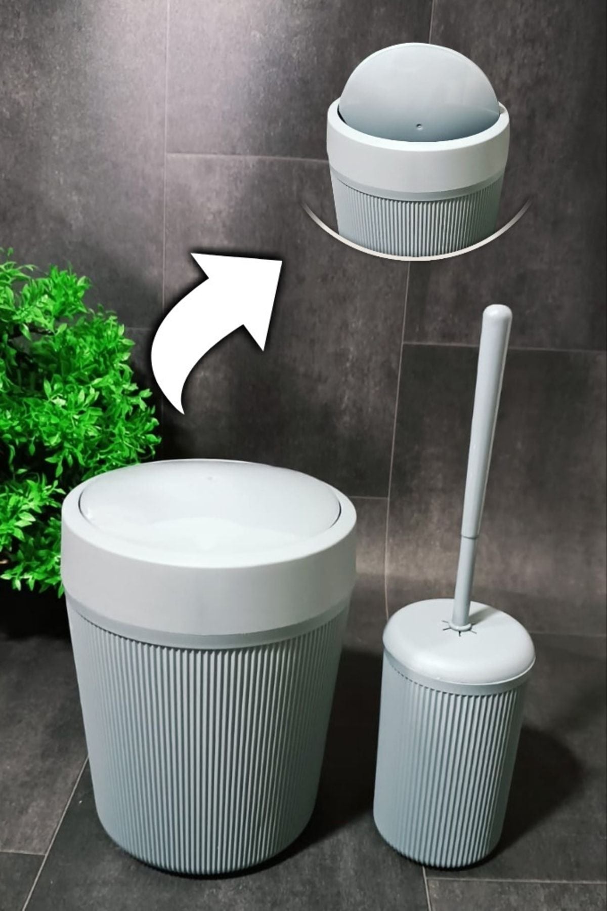 Bazaragel Bathroom Trash Can And Toilet Brush 2-Piece Acrylic Set Gray 1