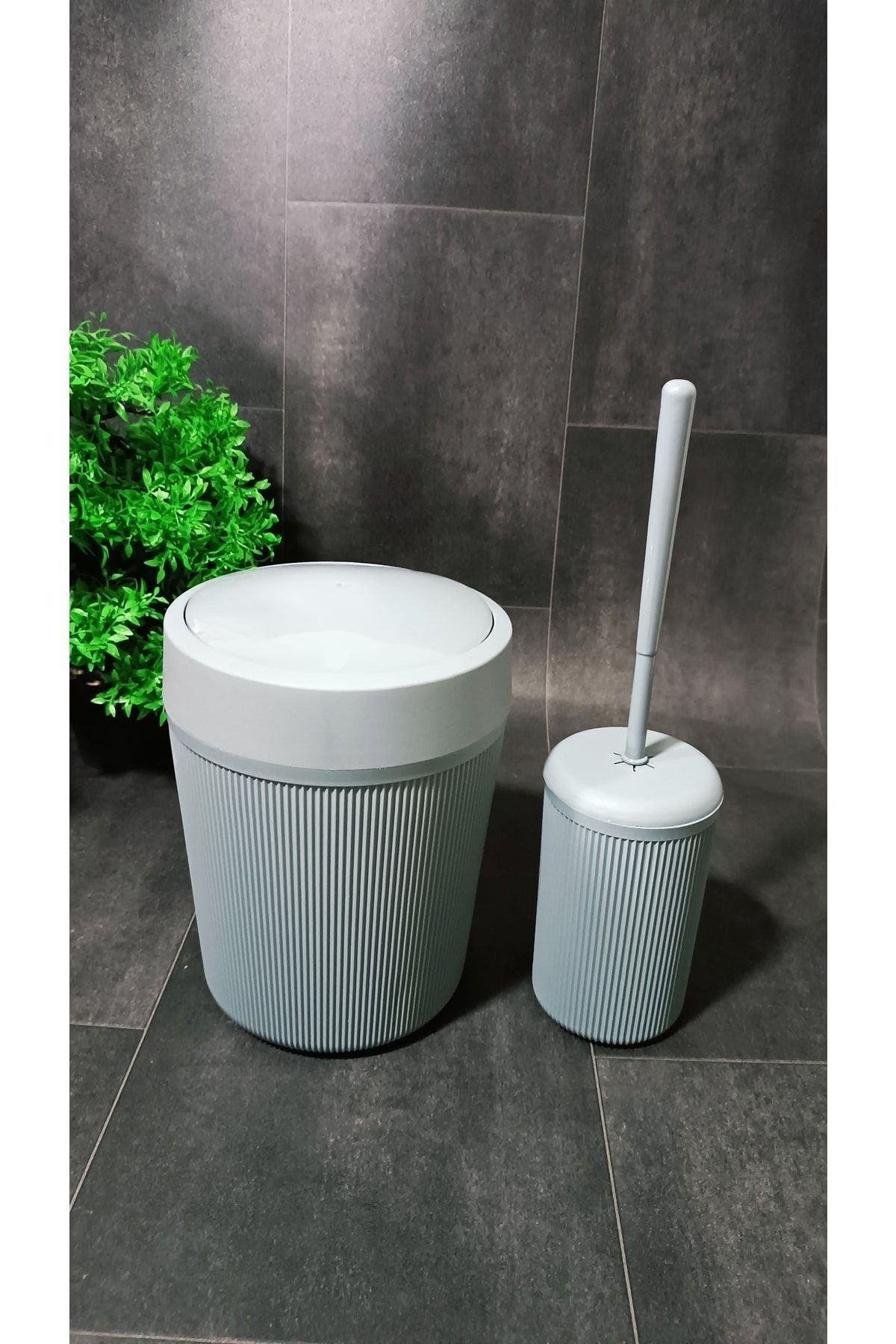 Bazaragel Bathroom Trash Can And Toilet Brush 2-Piece Acrylic Set Gray 2